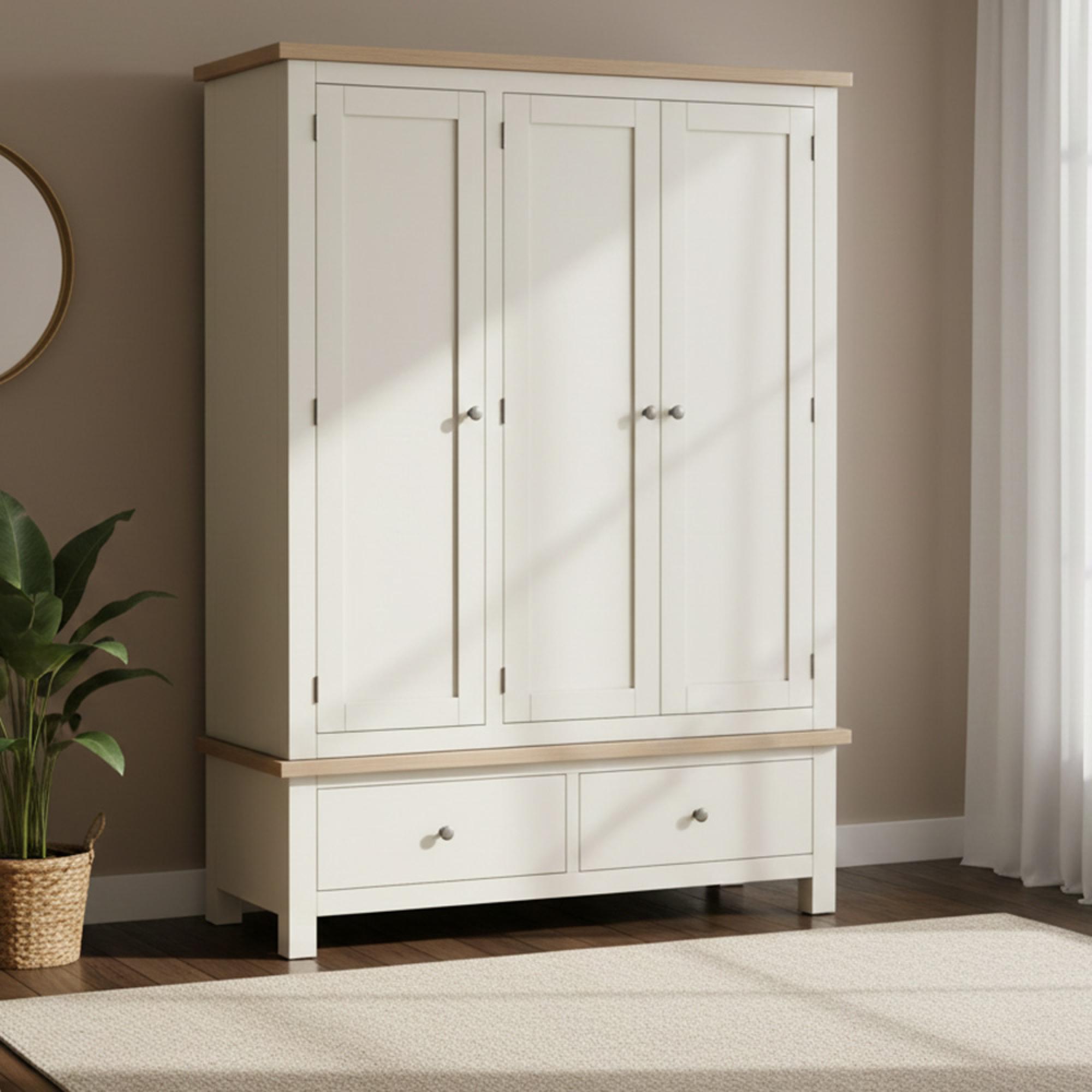 Modern Wardrobe - 3 Door - 2 Drawer - White Painted