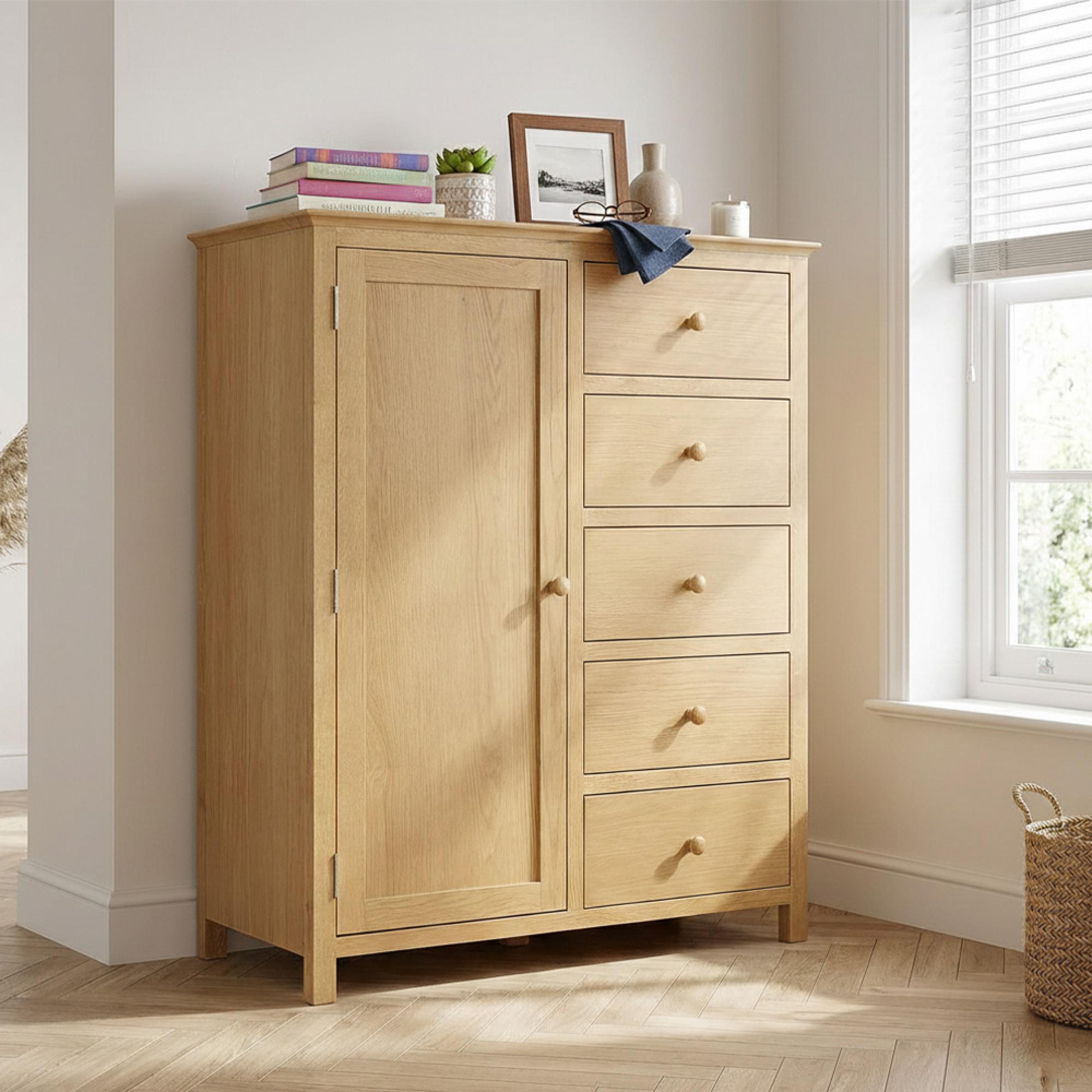 Arlington Short Wardrobe - 1 Door 5 Drawer - Oak