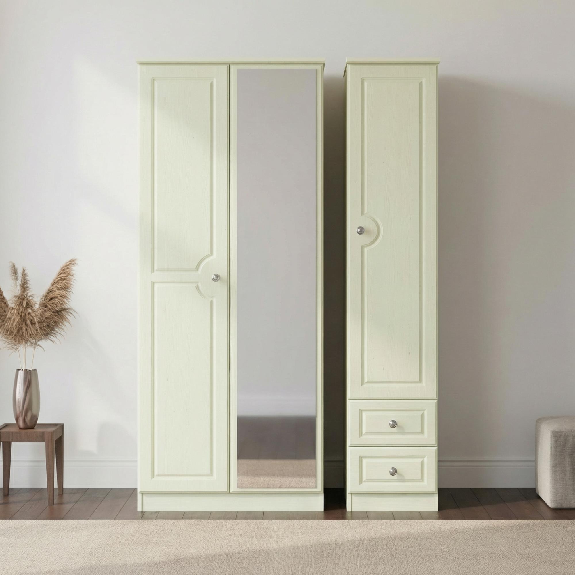 Pembroke Cream 3 Door Tall Combi Wardrobe - 1 Mirror and RHF 2 Drawers