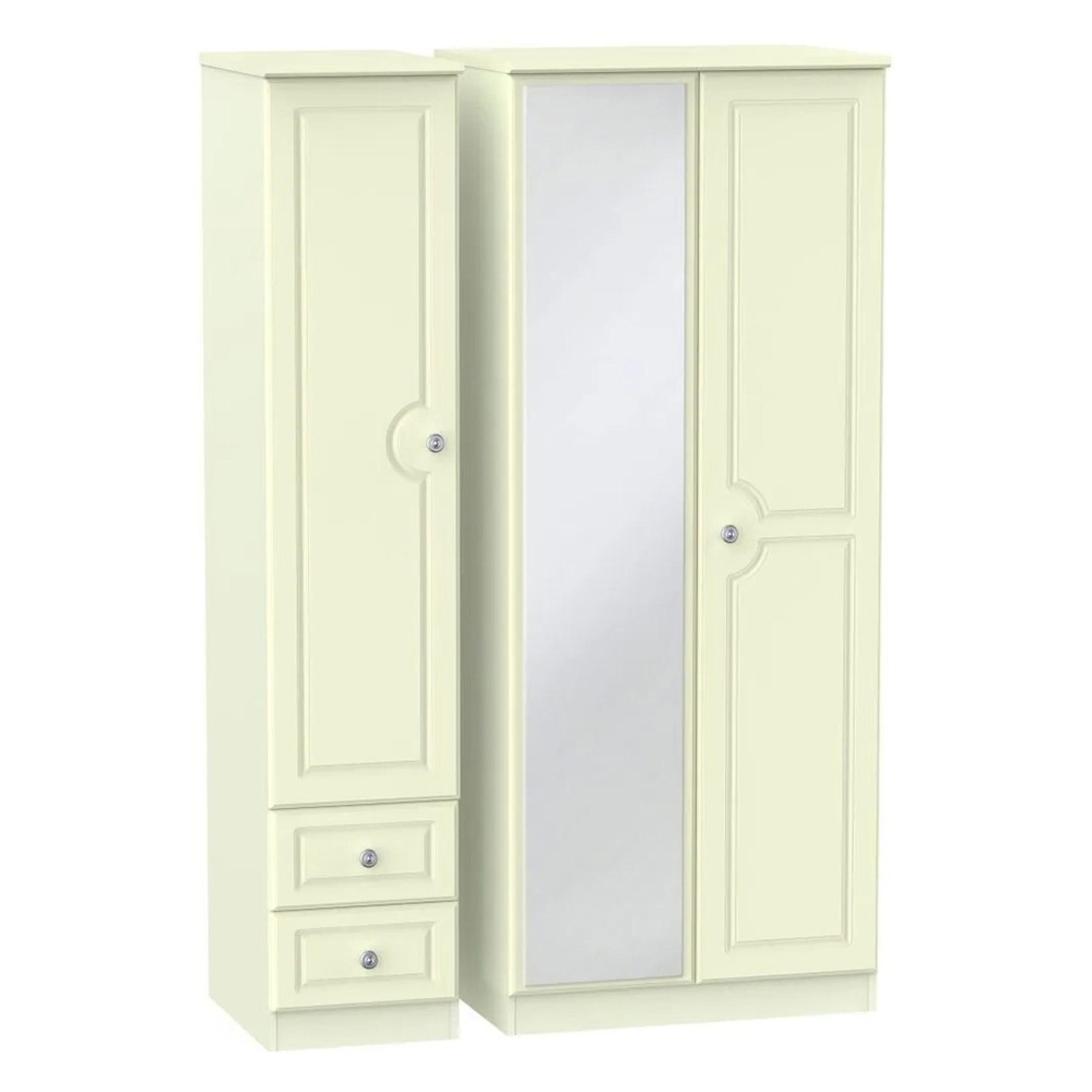 Pembroke Wardrobe - 3 Door - 1 Mirror - RHF 2 Drawers - Combi - Cream