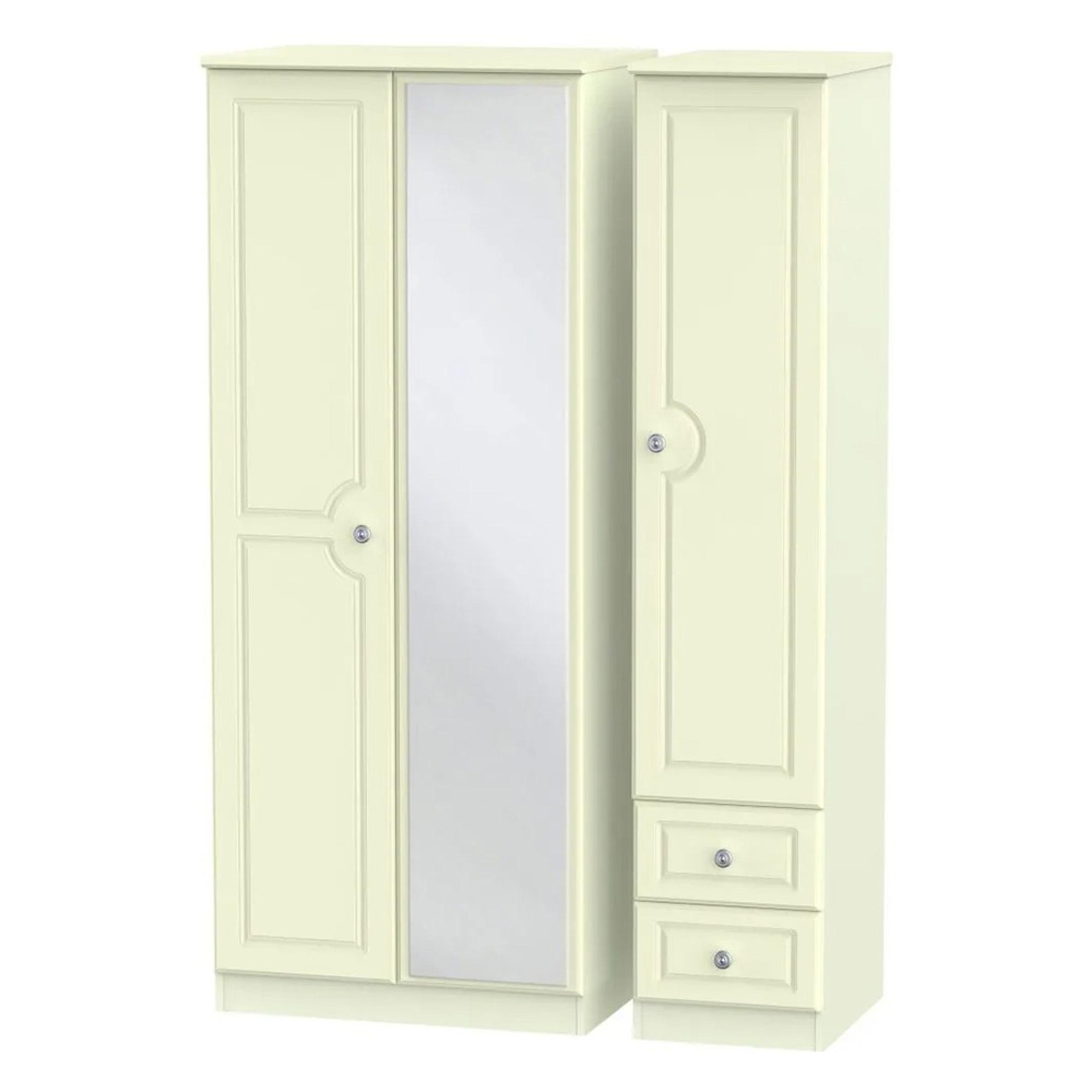Pembroke Wardrobe - 3 Door - 1 Mirror - RHF 2 Drawers - Combi - Cream