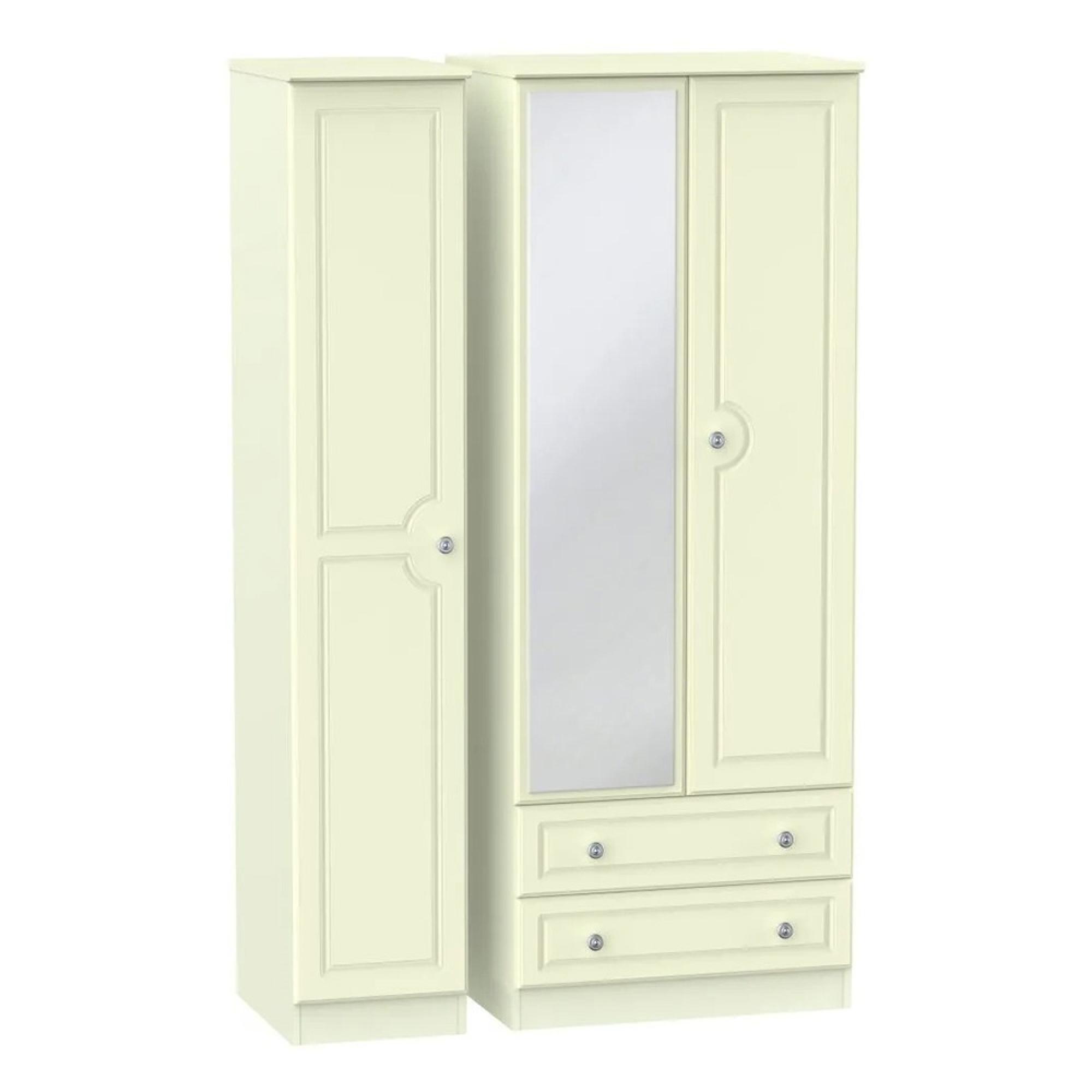 Pembroke Wardrobe - 3 Door - 1 Mirror - LHF 2 Drawers - Tall - Combi - Cream