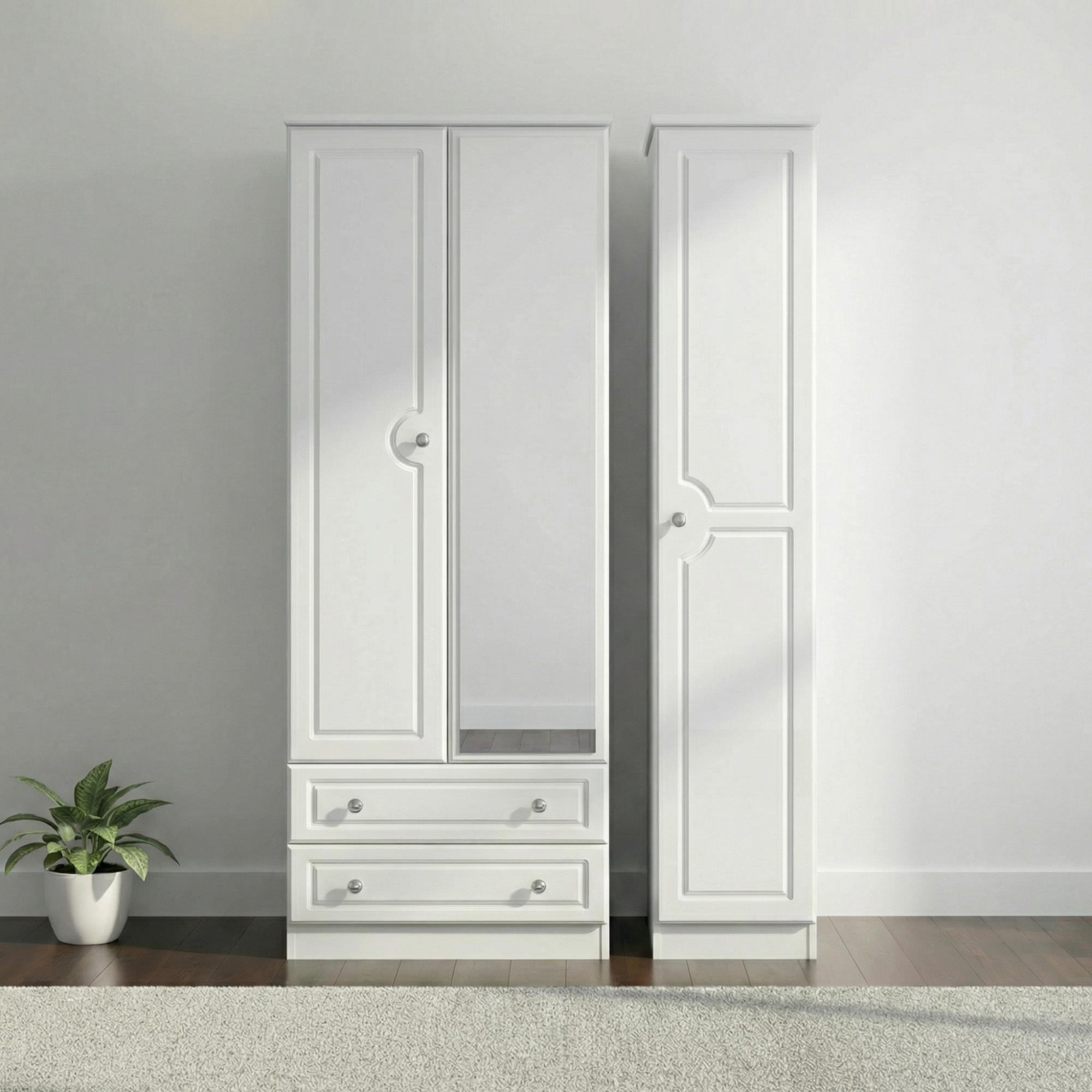 Pembroke White Gloss 3 Door Tall Combi Wardrobe - 1 Mirror and LHF 2 Drawers