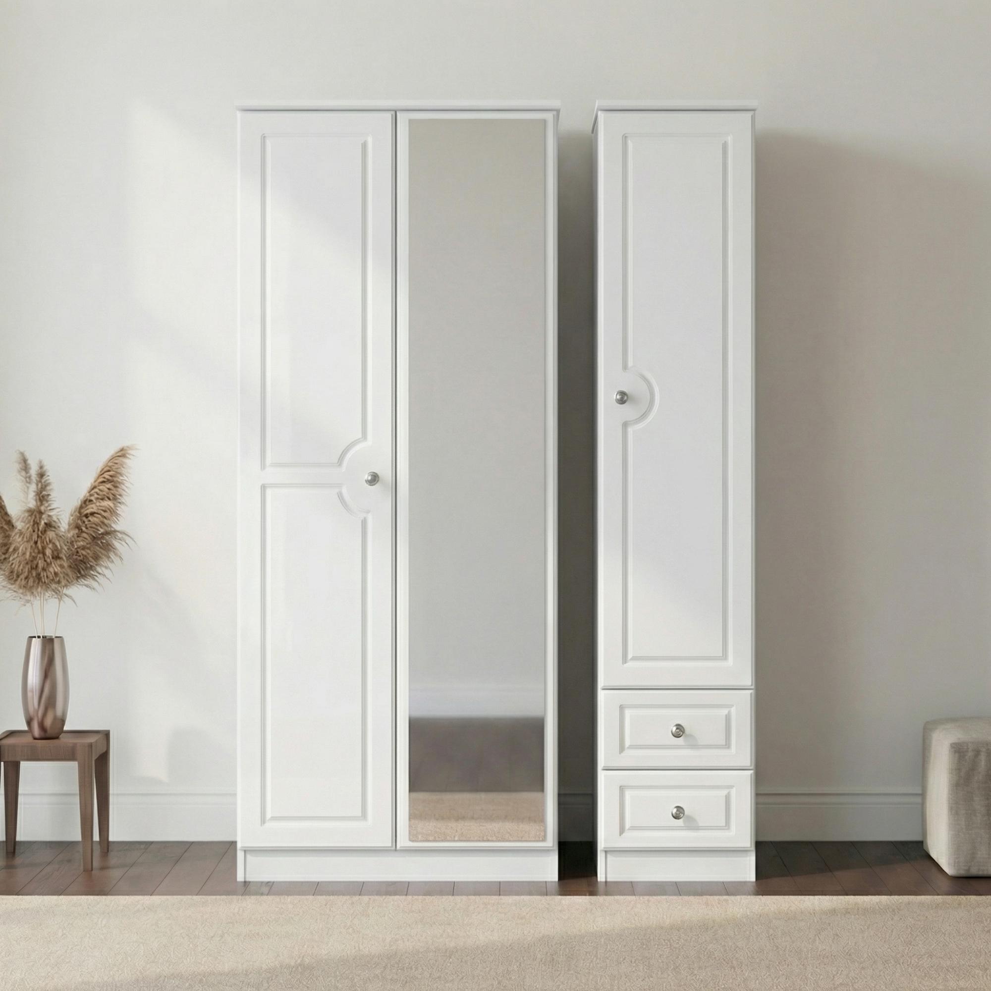 Pembroke White Gloss 3 Door Tall Combi Wardrobe - 1 Mirror and RHF 2 Drawers