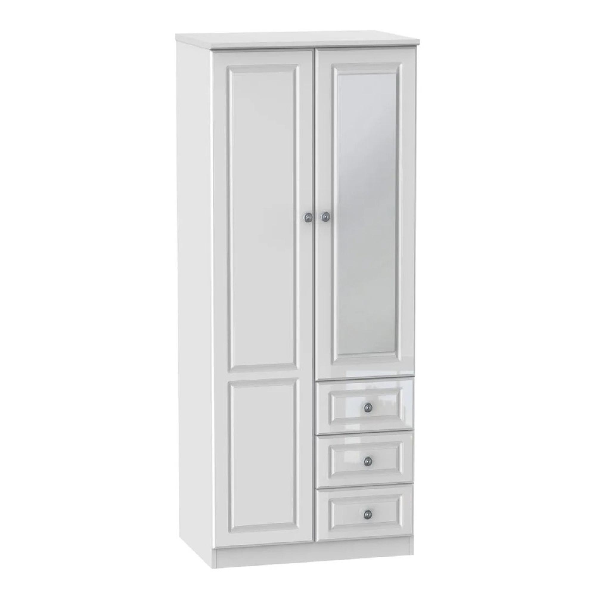 Pembroke Wardrobe - 2 Door - Combi - 1 Mirror - RHF 3 Drawers - White Gloss