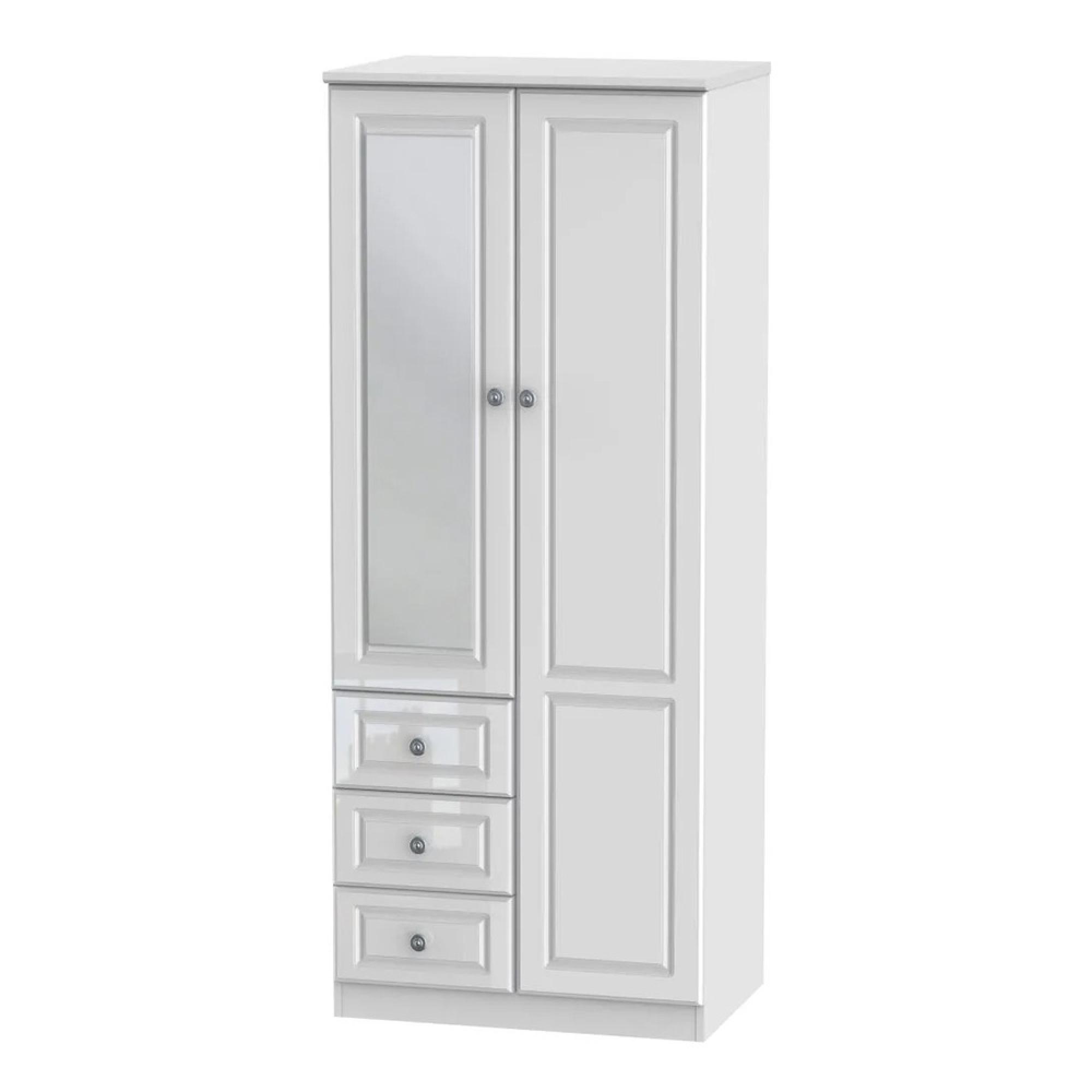 Pembroke Wardrobe - 2 Door - Combi - 1 Mirror - RHF 3 Drawers - White Gloss