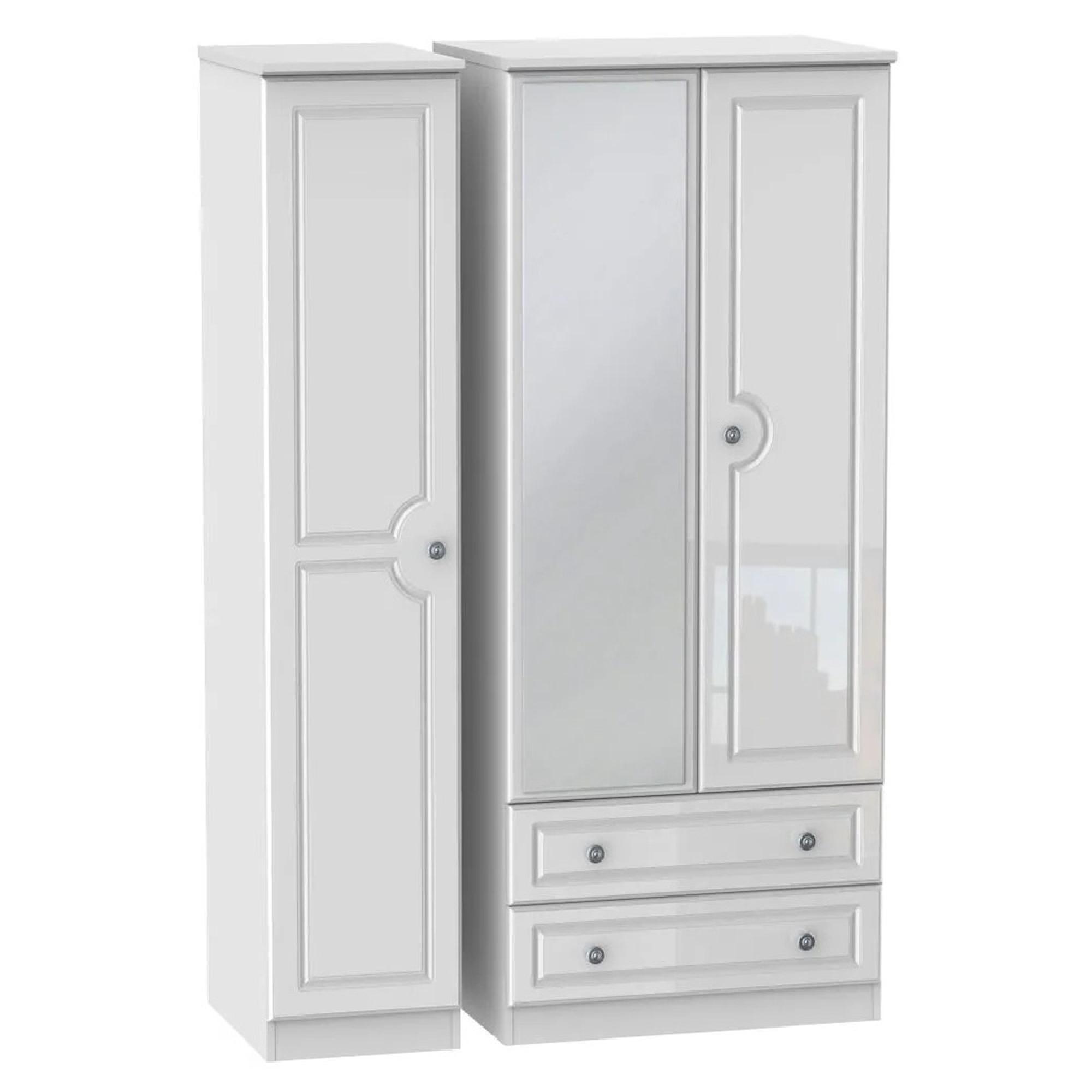 Pembroke Wardrobe - 3 Door - 1 Mirror - LHF 2 Drawers - Combi - White Gloss