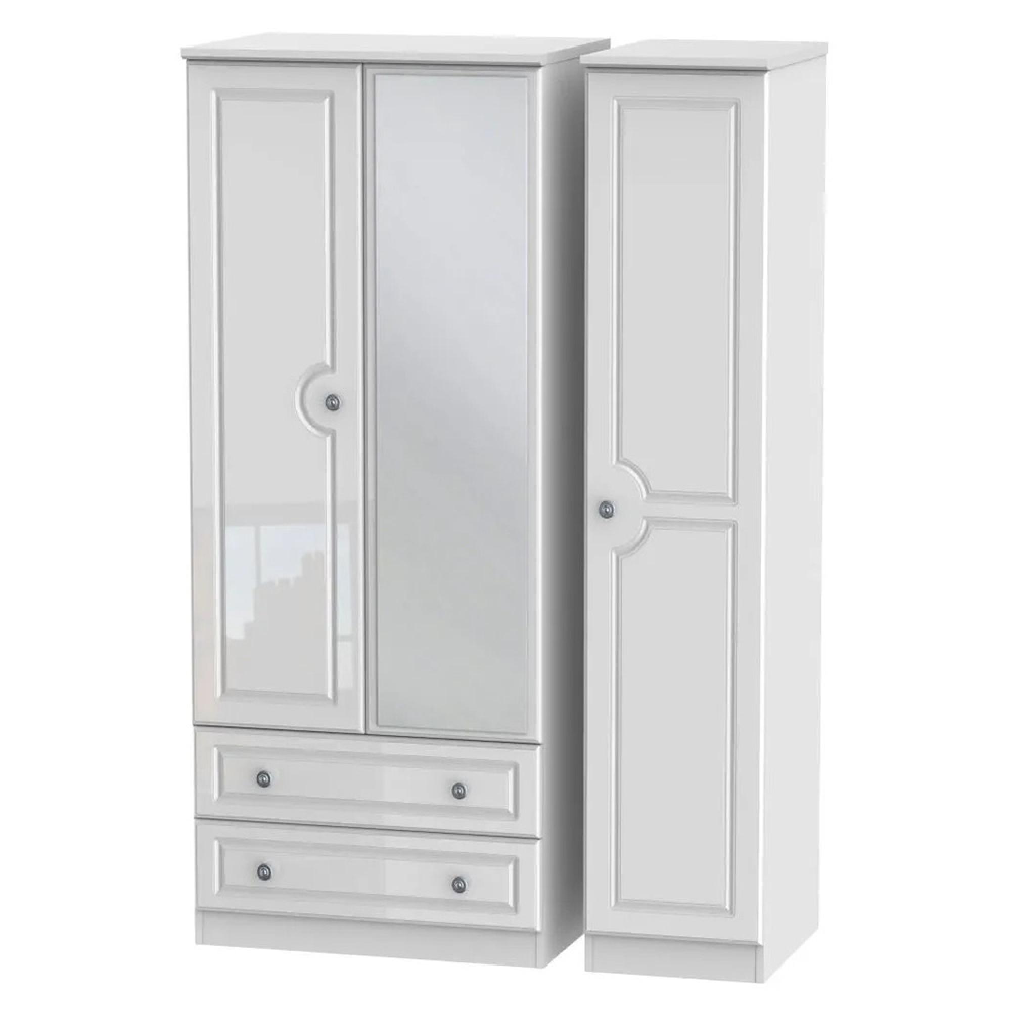 Pembroke Wardrobe - 3 Door - 1 Mirror - LHF 2 Drawers - Combi - White Gloss