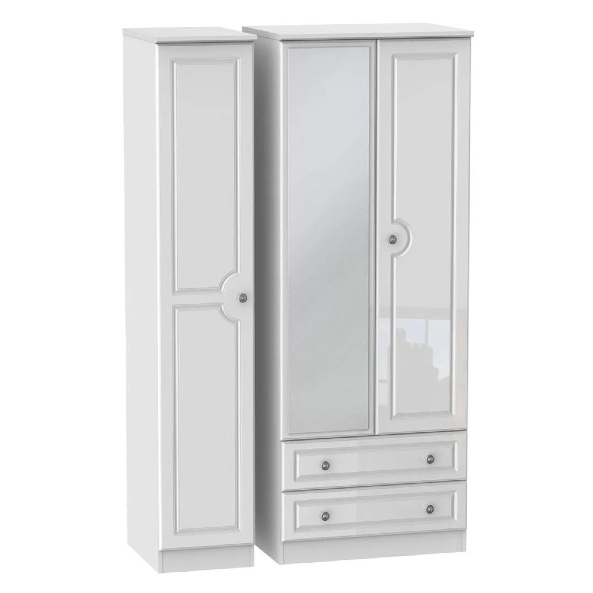 Pembroke Wardrobe - 3 Door - 1 Mirror - LHF 2 Drawers - Tall - Combi - White Gloss