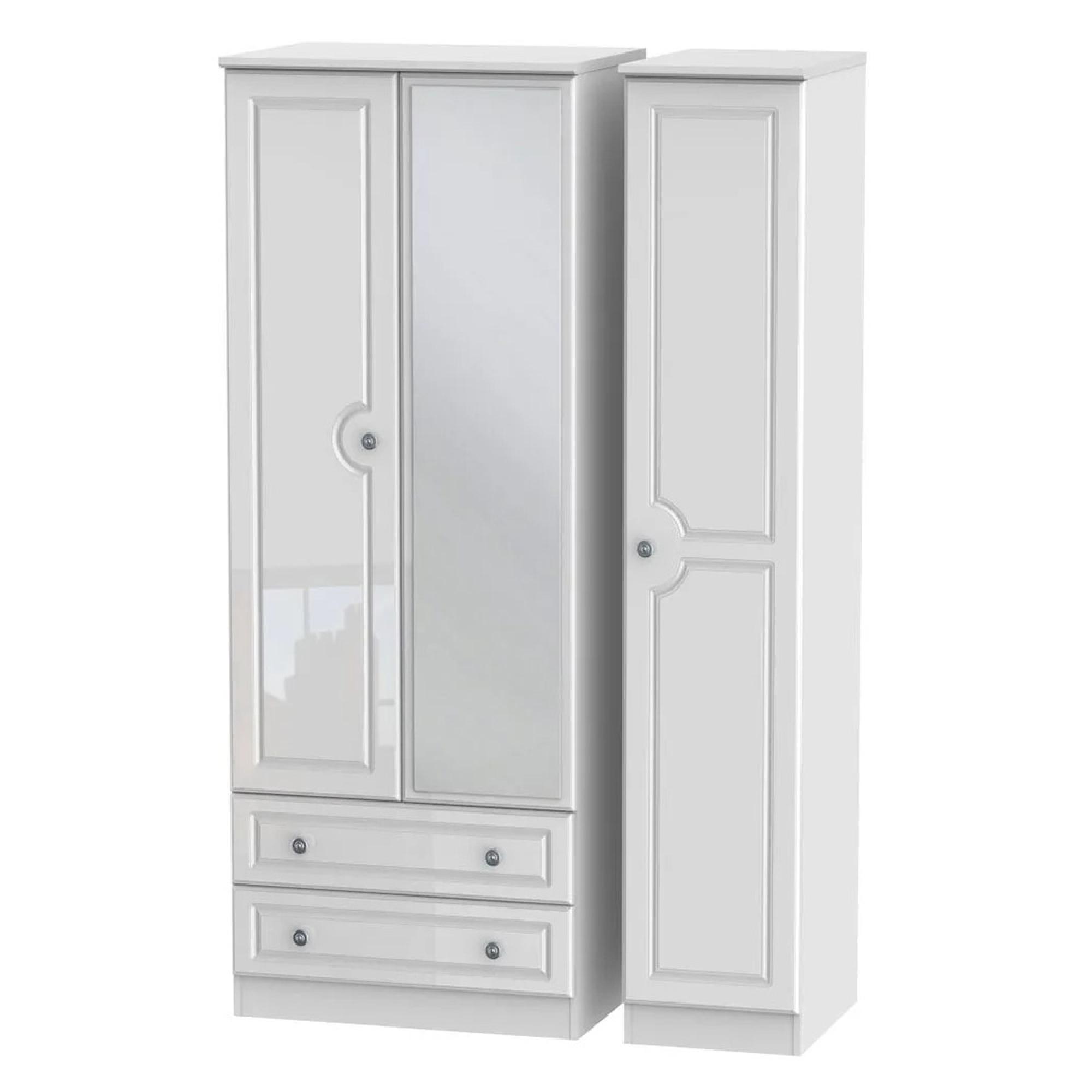 Pembroke Wardrobe - 3 Door - 1 Mirror - LHF 2 Drawers - Tall - Combi - White Gloss