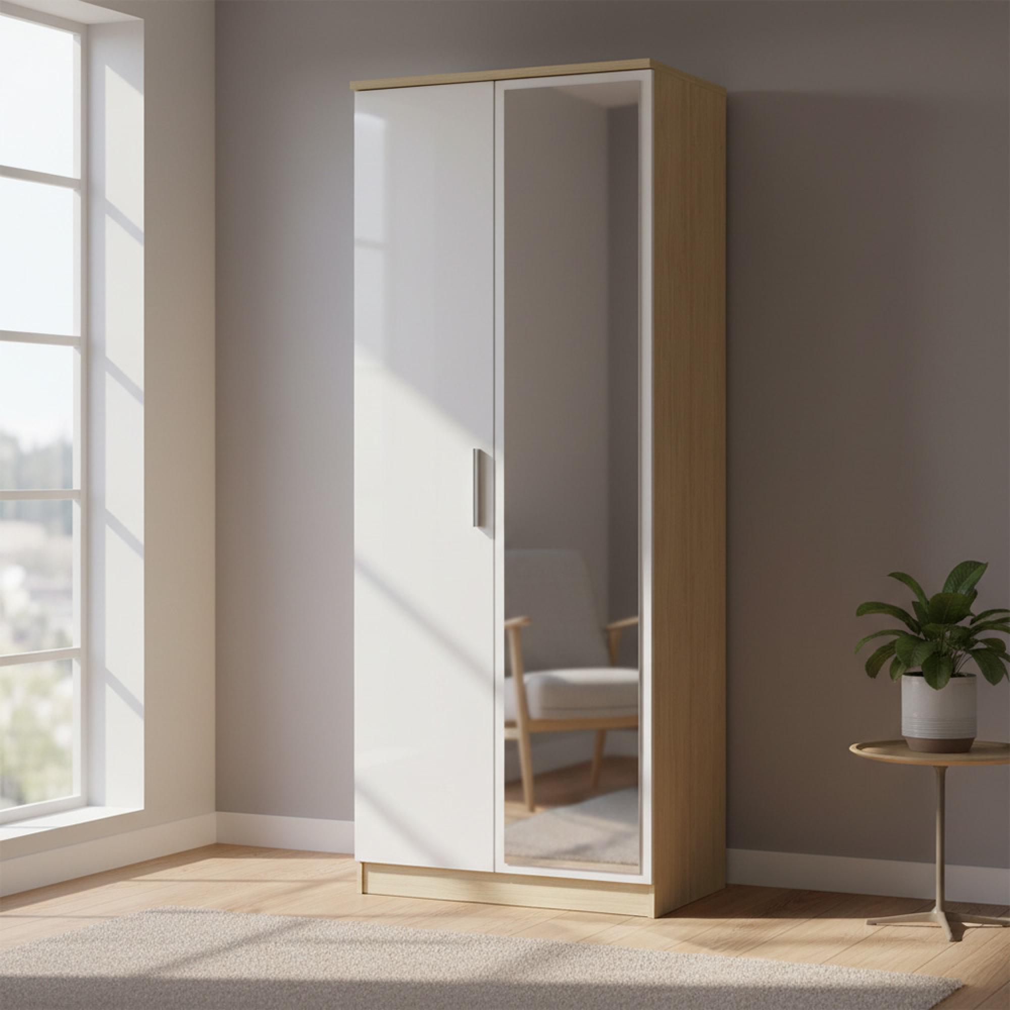 Knightsbridge White Gloss and Light Oak 2 Door Tall Wardrobe - 1 Mirror