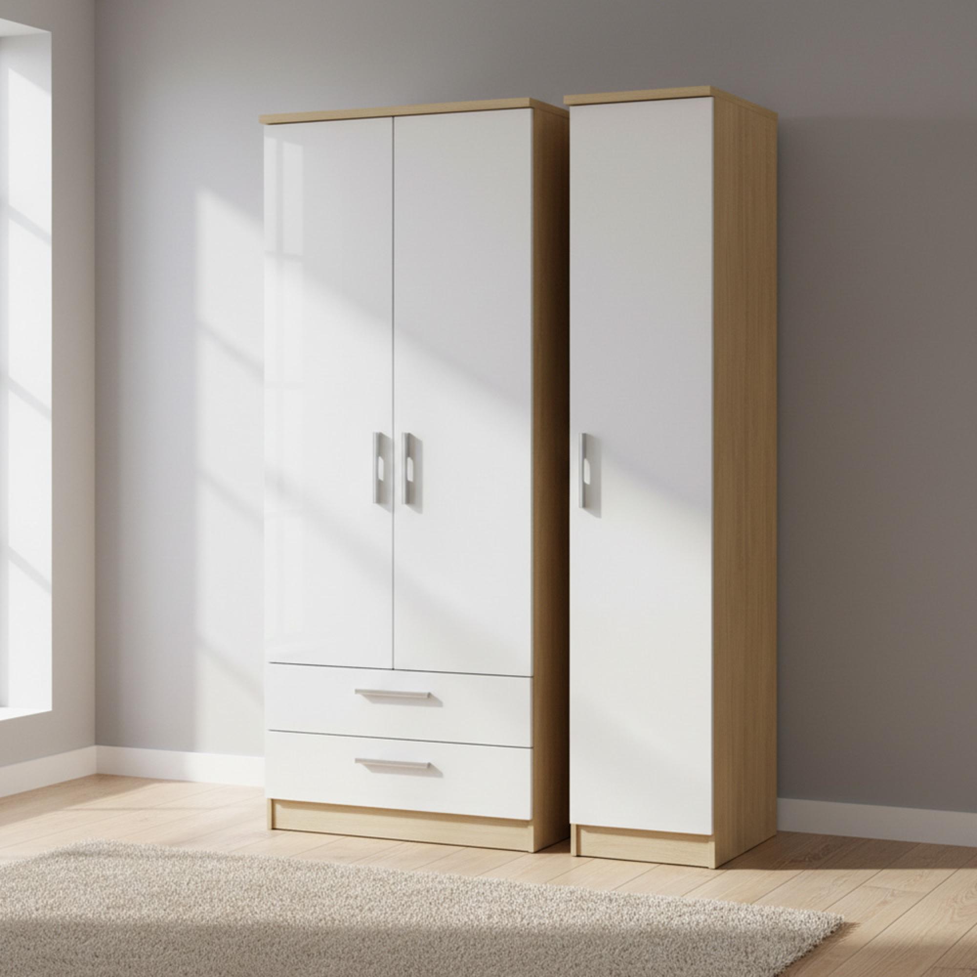 Knightsbridge White Gloss and Light Oak 3 Door Tall Triple Wardrobe - LHF 2 Drawers