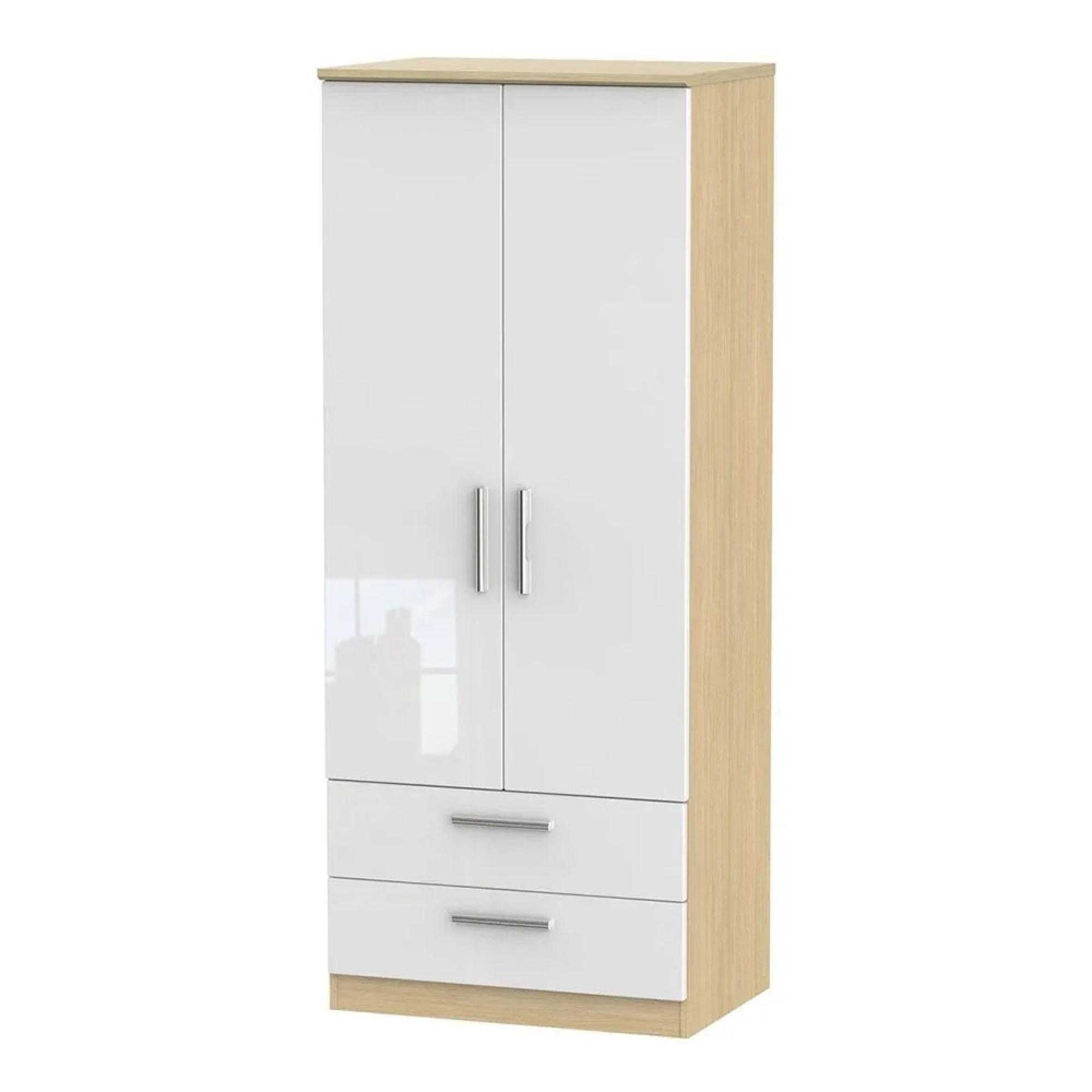 Knightsbridge Wardrobe - 2 Door - 2 Drawer - Double - White Gloss and Light Oak