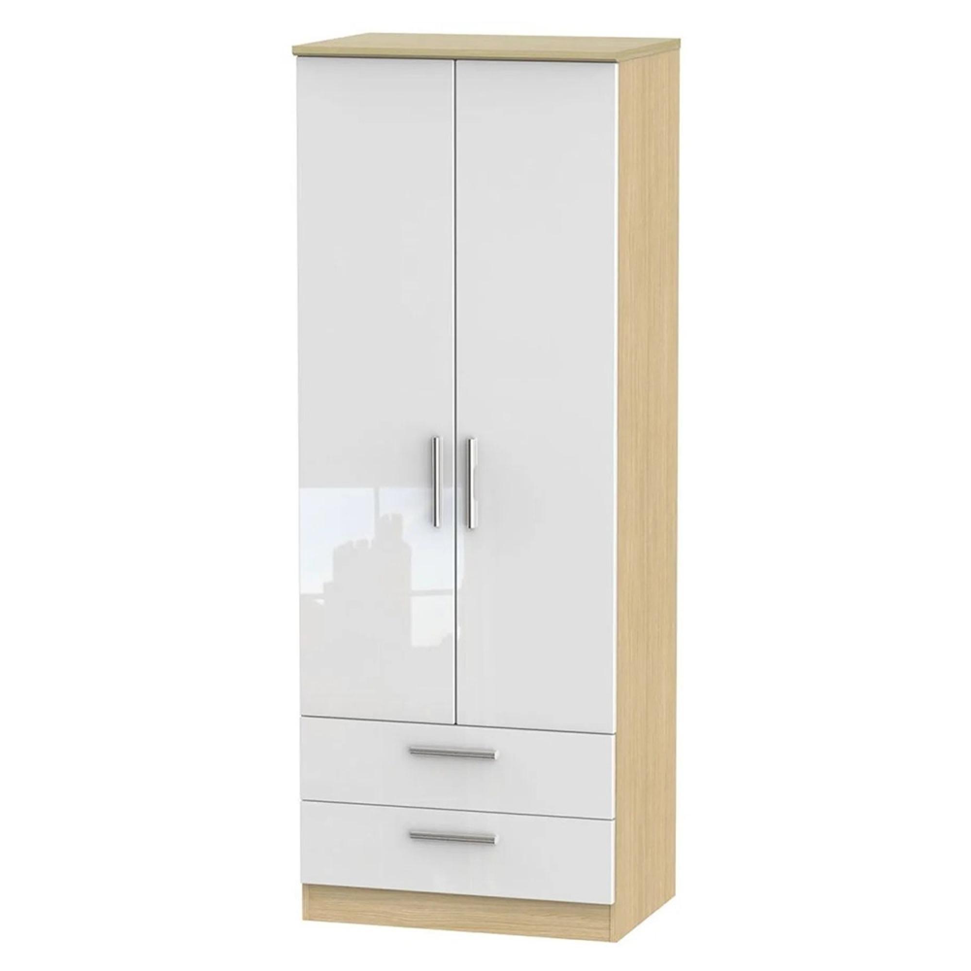 Knightsbridge Wardrobe - 2 Door - 2 Drawer - Tall - White Gloss and Light Oak