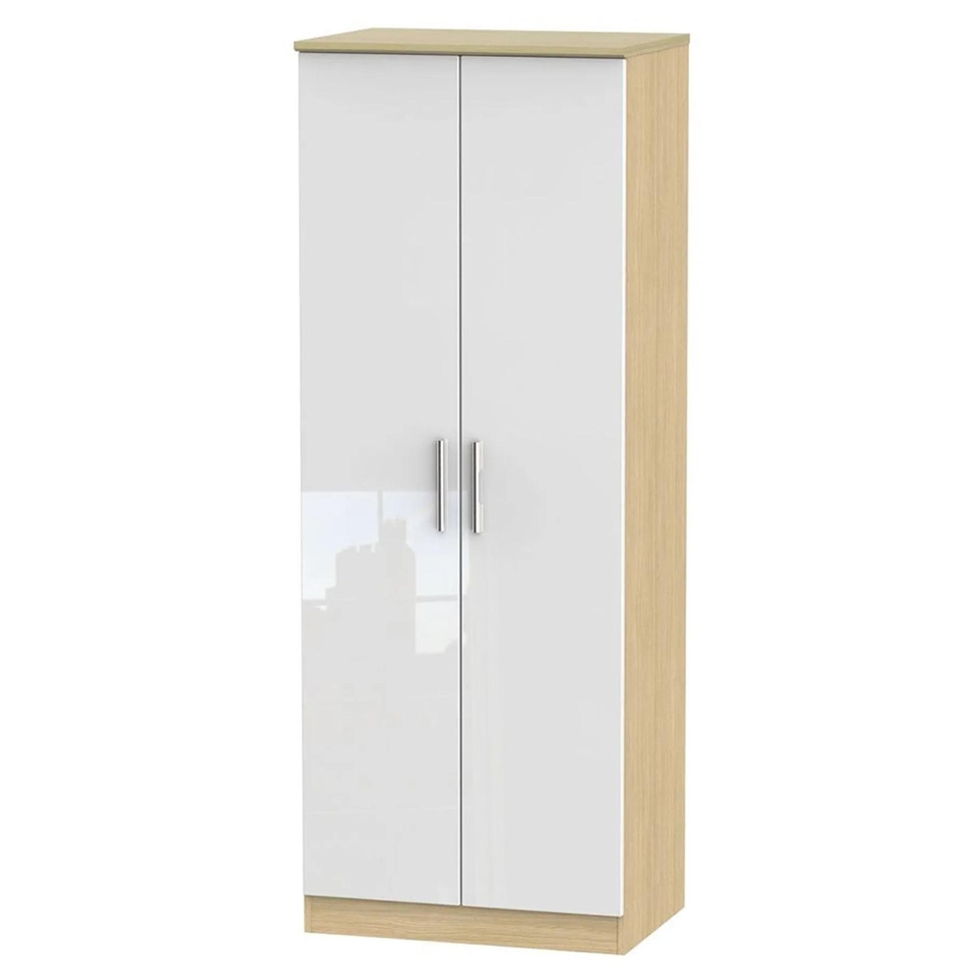 Knightsbridge Wardrobe - 2 Door - Plain - Tall - White Gloss and Light Oak