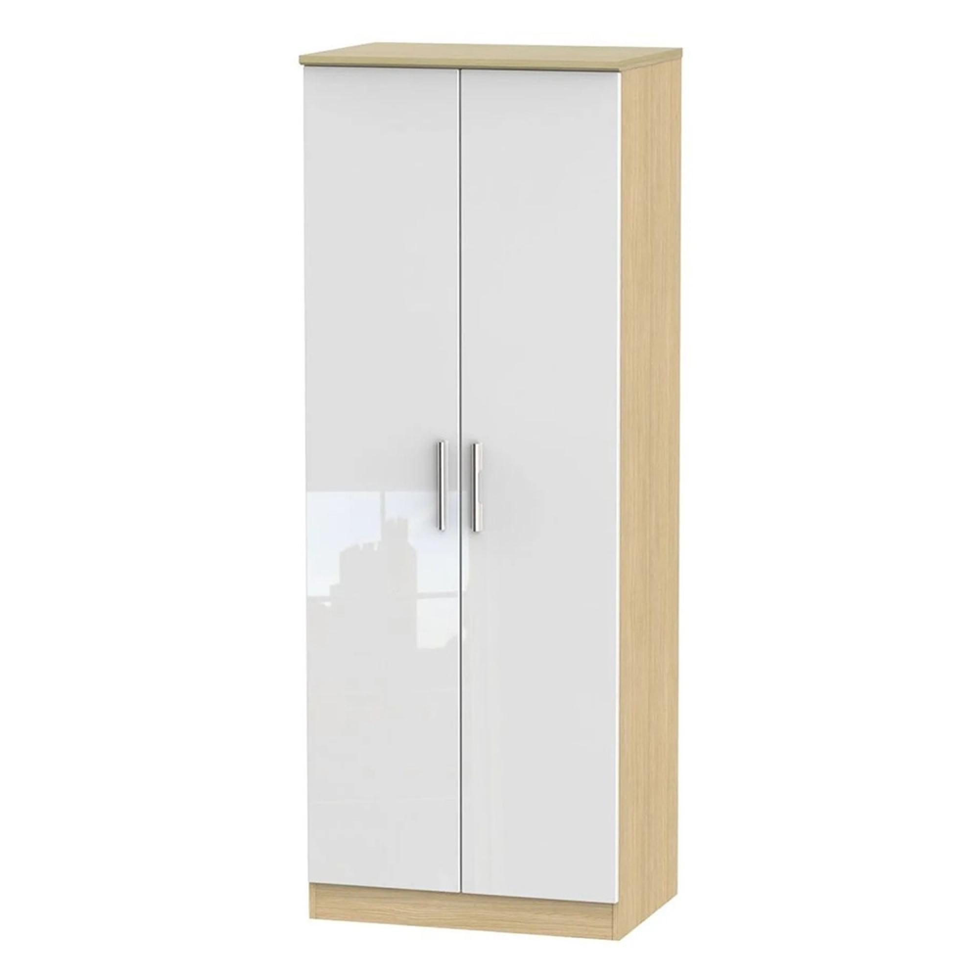 Knightsbridge Wardrobe - 2 Door - Plain - White Gloss and Light Oak