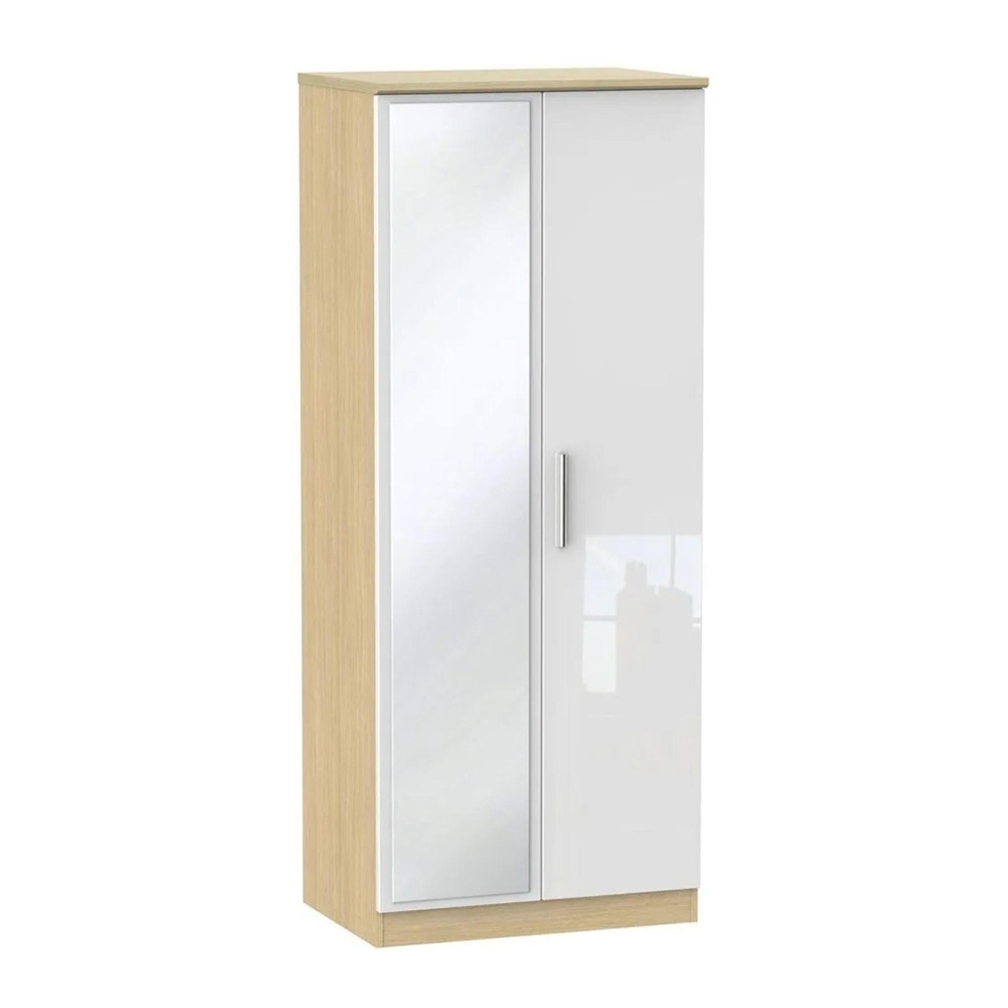 Knightsbridge Wardrobe - 2 Door - 1 Mirror - White Gloss and Light Oak