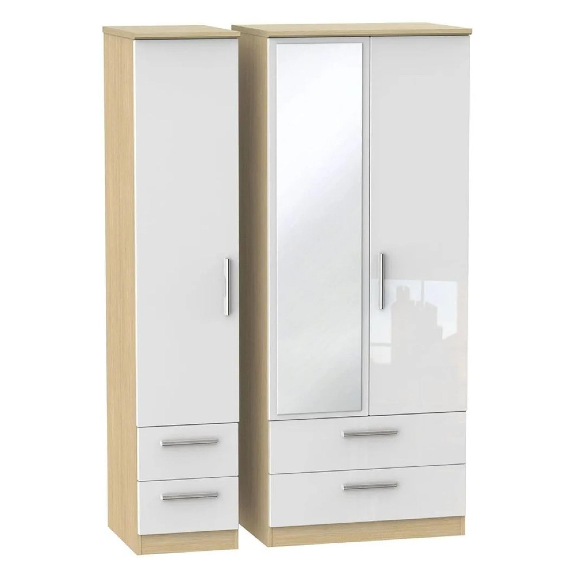 Knightsbridge Wardrobe - 3 Door - 1 Mirror - Combi - White Gloss and Light Oak