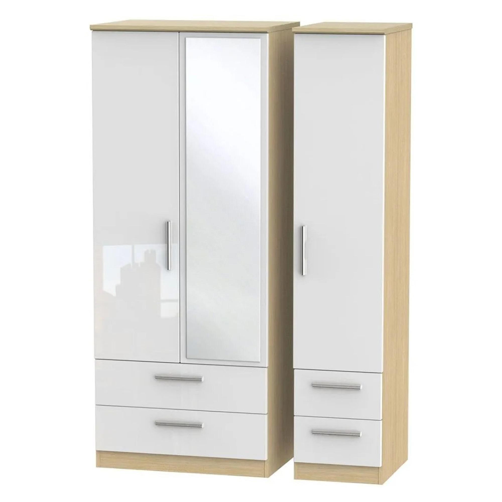 Knightsbridge Wardrobe - 3 Door - 1 Mirror - Combi - White Gloss and Light Oak