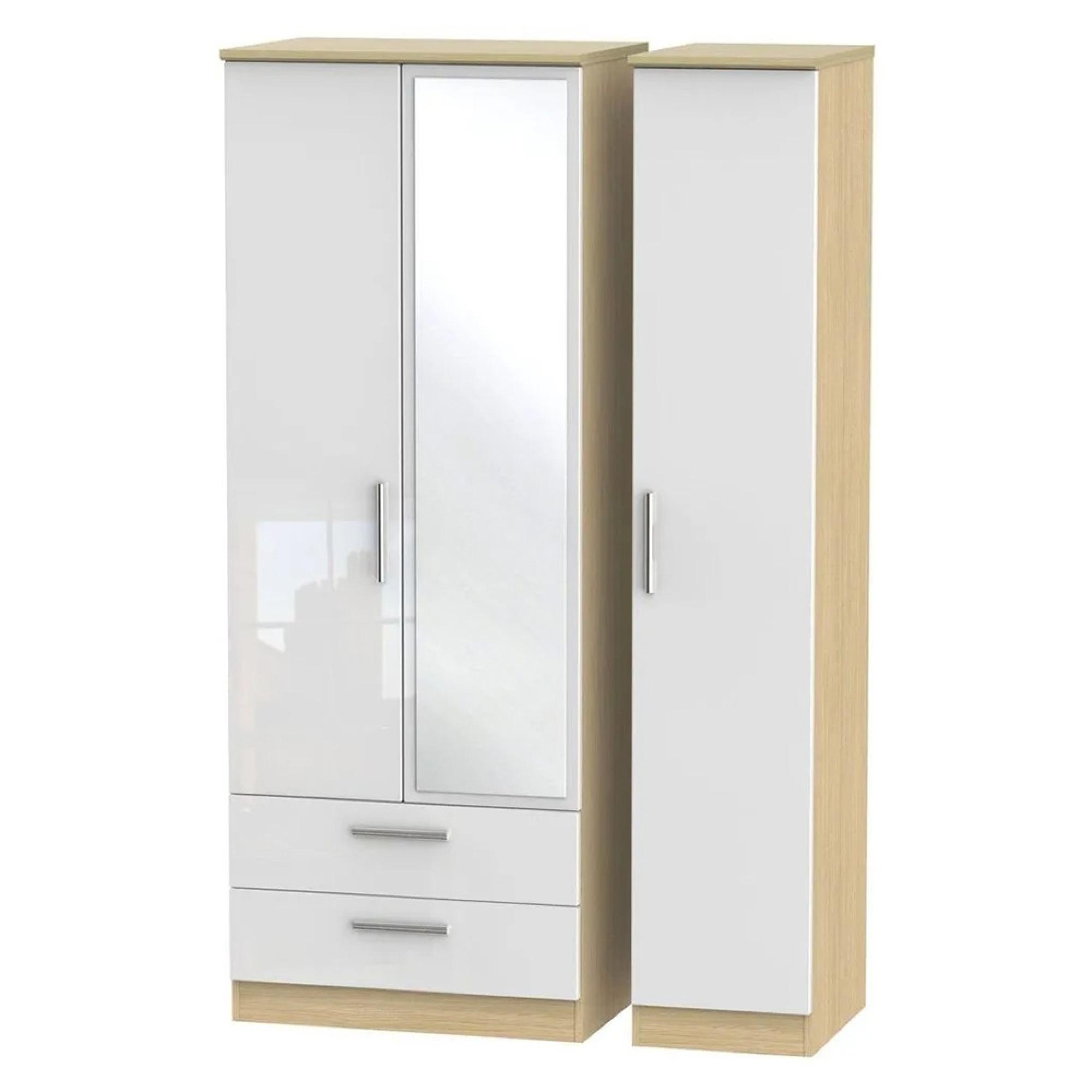 Knightsbridge Wardrobe - 3 Door - 1 Mirror - LHF 2 Drawer - Combi - White Gloss and Light Oak