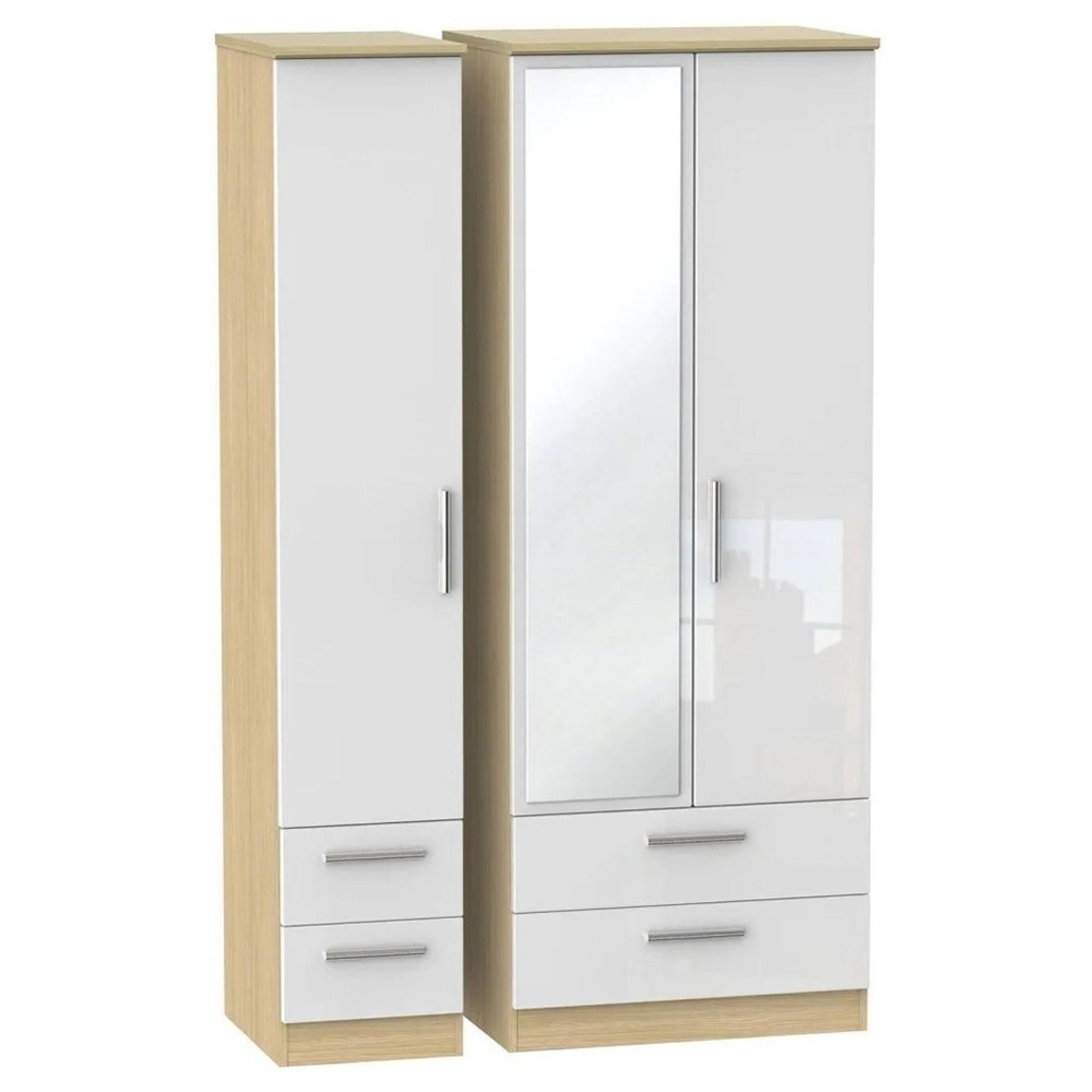 Knightsbridge Wardrobe - 3 Door - 1 Mirror - Combi - Tall - White Gloss and Light Oak