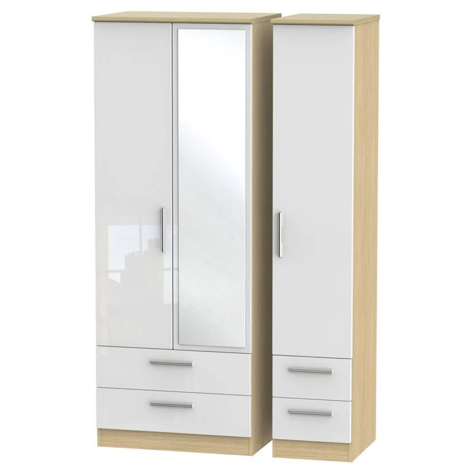 Knightsbridge Wardrobe - 3 Door - 1 Mirror - Combi - Tall - White Gloss and Light Oak