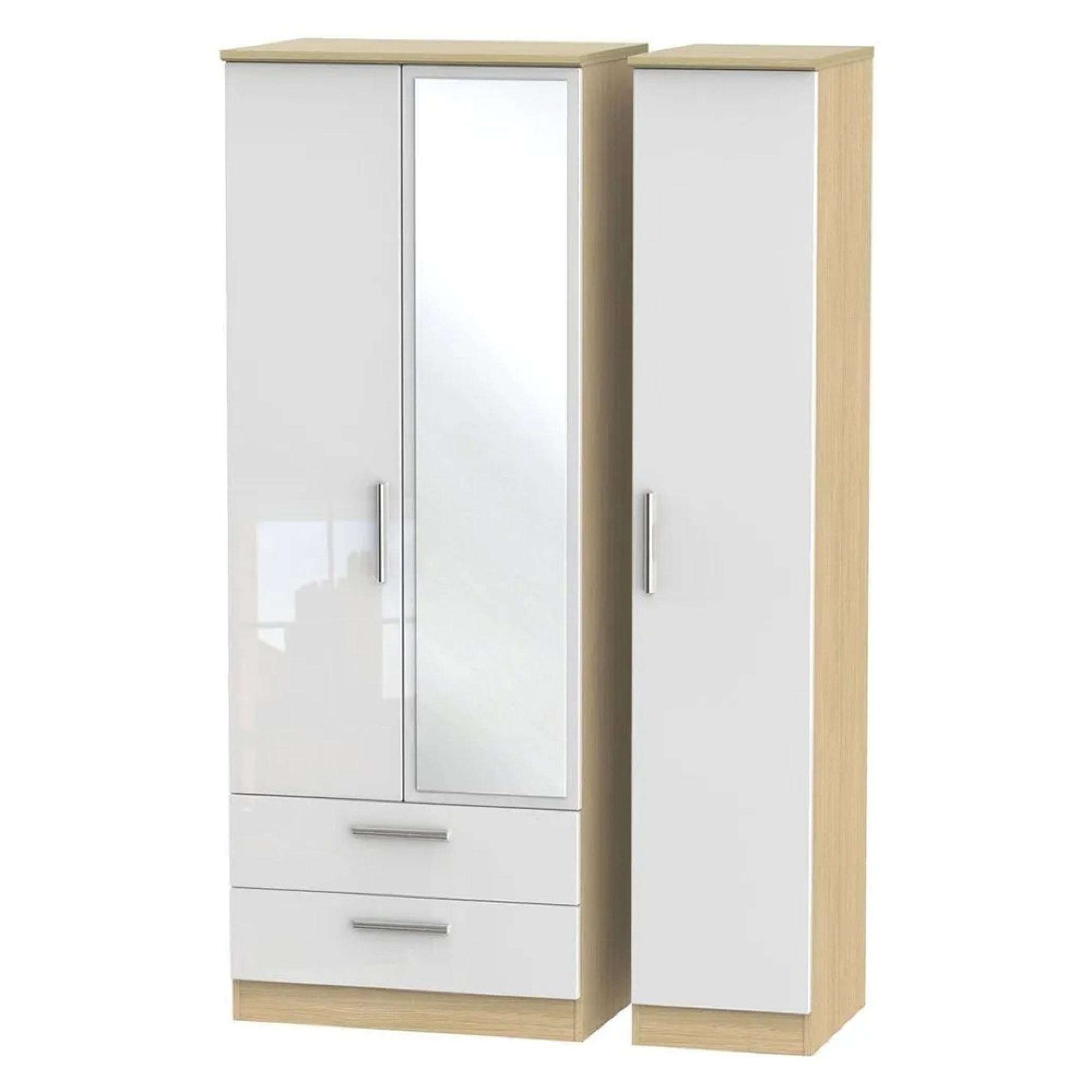 Knightsbridge Wardrobe - 3 Door - 1 Mirror - LHF 2 Drawer - Combi - Tall - White Gloss and Light Oak