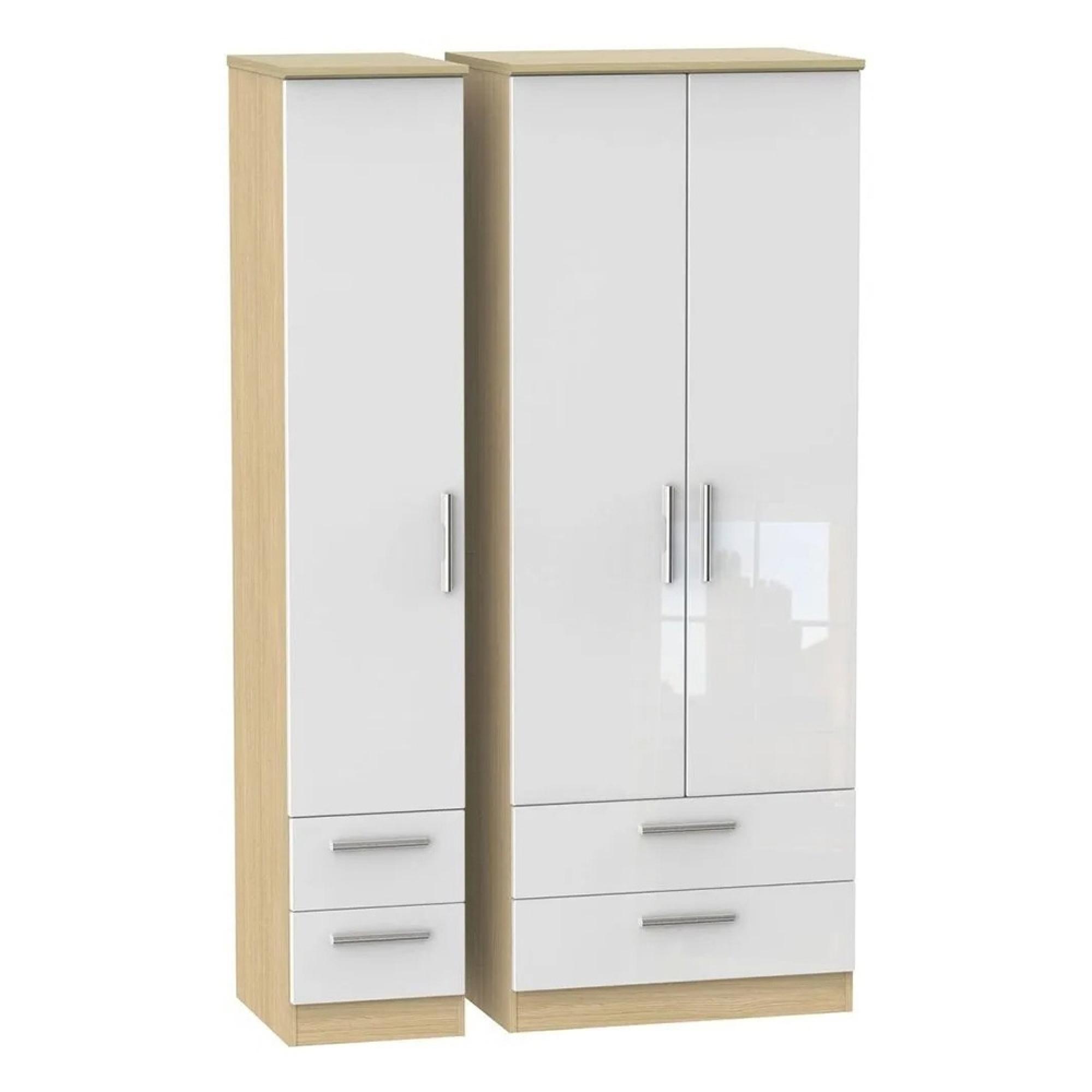 Knightsbridge Wardrobe - 3 Door - 4 Drawer - Triple - Tall - White Gloss and Light Oak