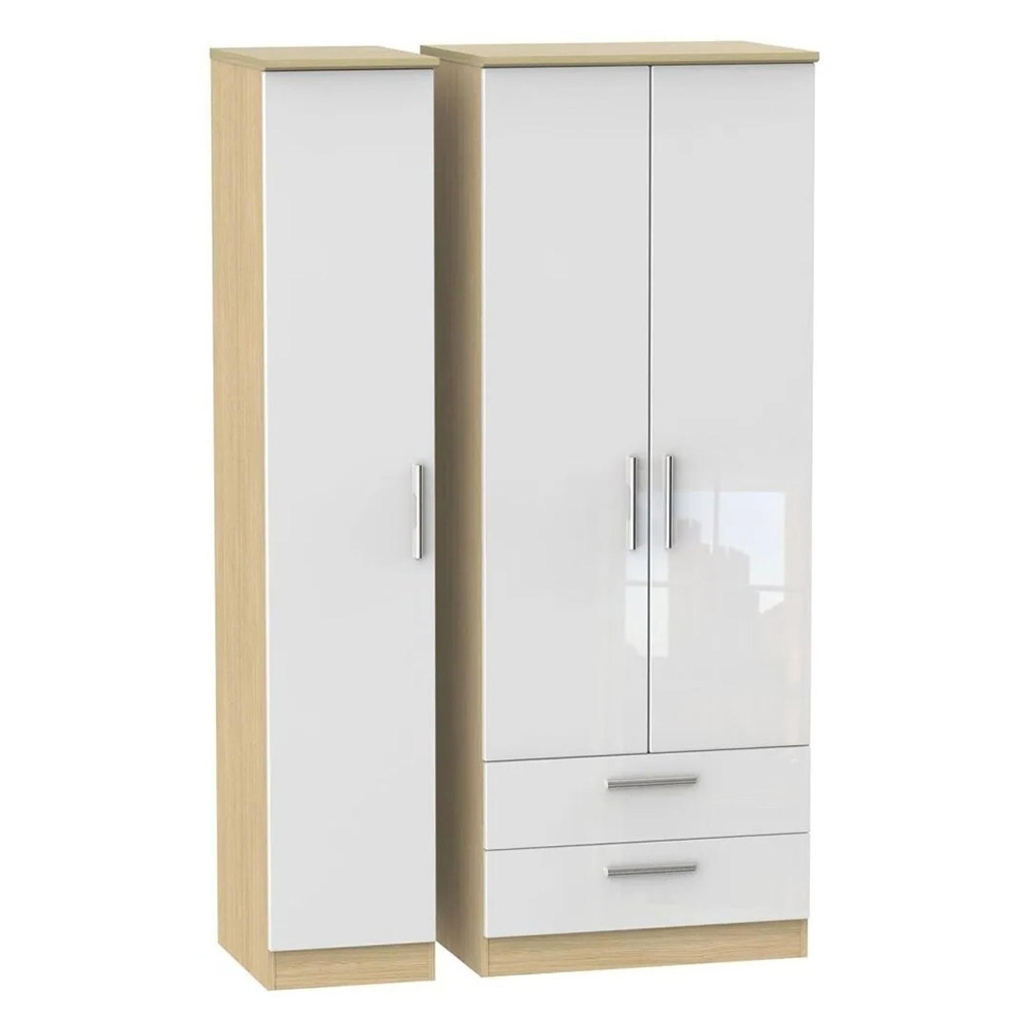 Knightsbridge Wardrobe - 3 Door - LHF 2 Drawer - Triple - Tall - White Gloss and Light Oak