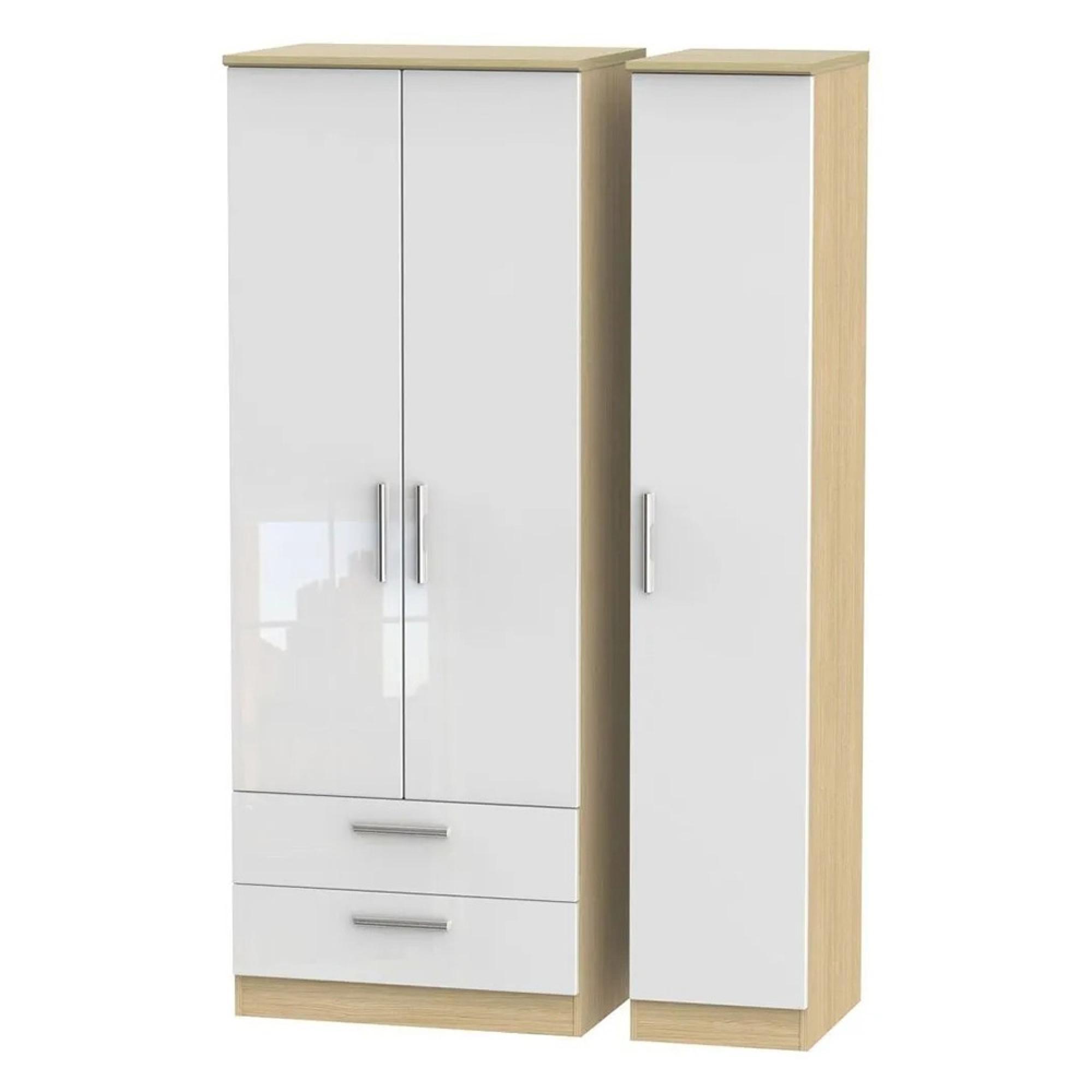 Knightsbridge Wardrobe - 3 Door - LHF 2 Drawer - Triple - Tall - White Gloss and Light Oak