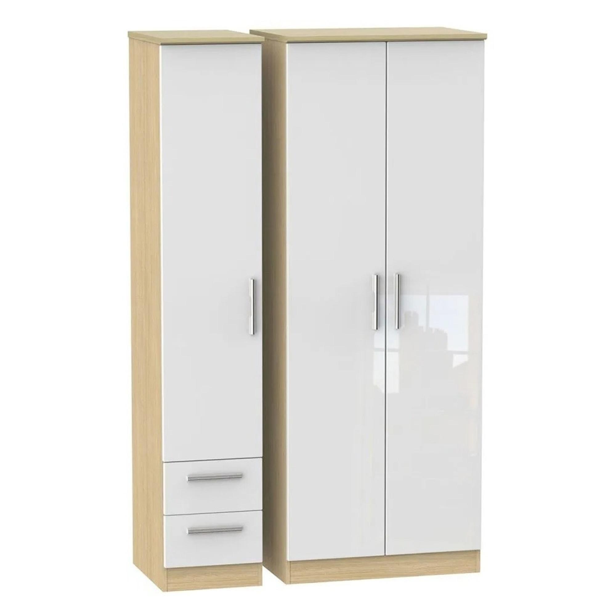 Knightsbridge Wardrobe - 3 Door - RHF 2 Drawer - Triple - Tall - White Gloss and Light Oak