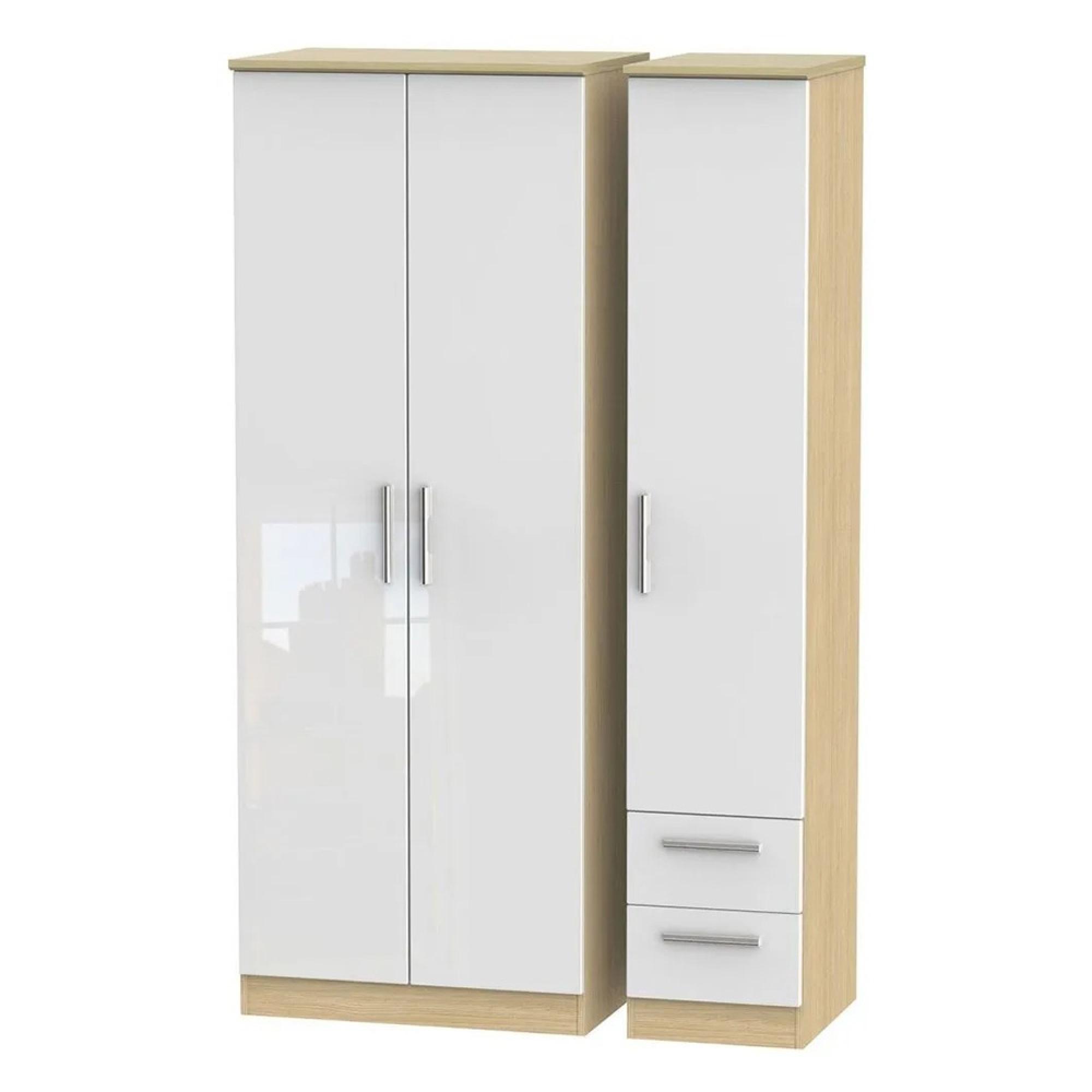 Knightsbridge Wardrobe - 3 Door - RHF 2 Drawer - Triple - Tall - White Gloss and Light Oak