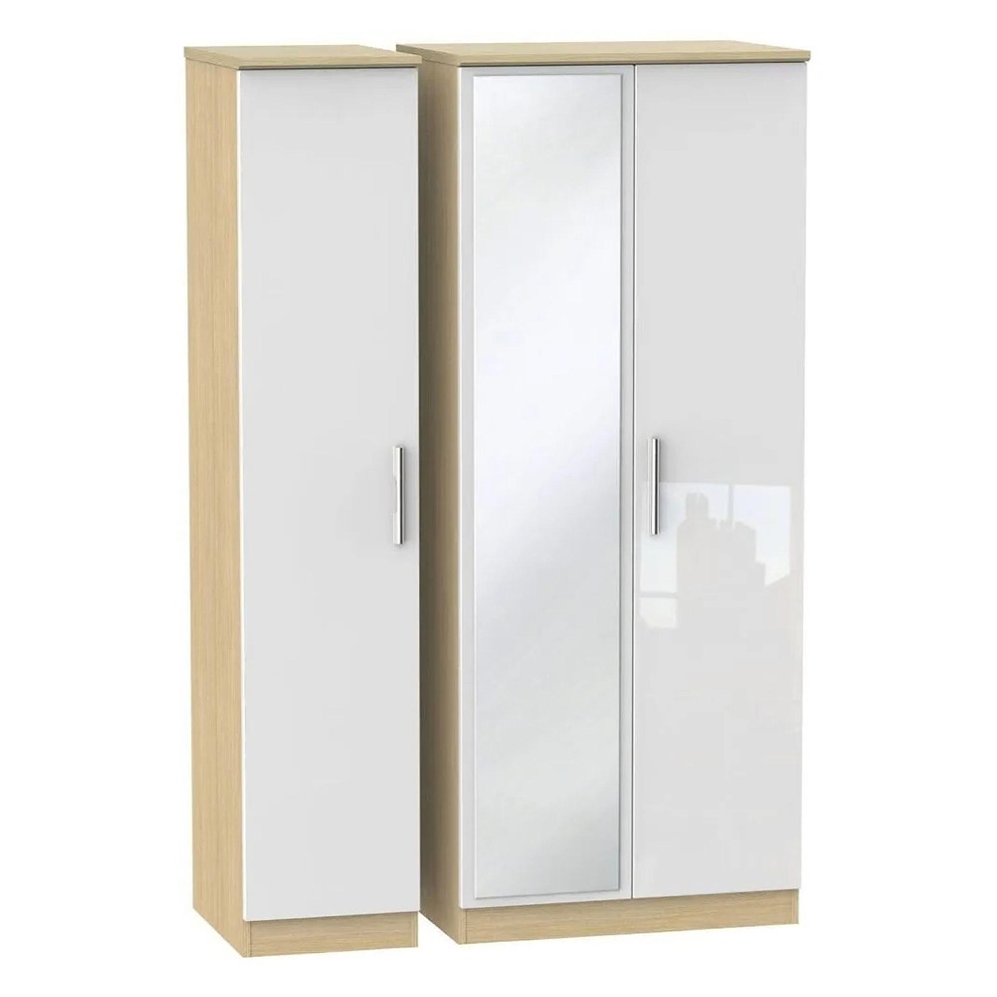 Knightsbridge Wardrobe - 3 Door - 1 Mirror - Triple - White Gloss and Light Oak