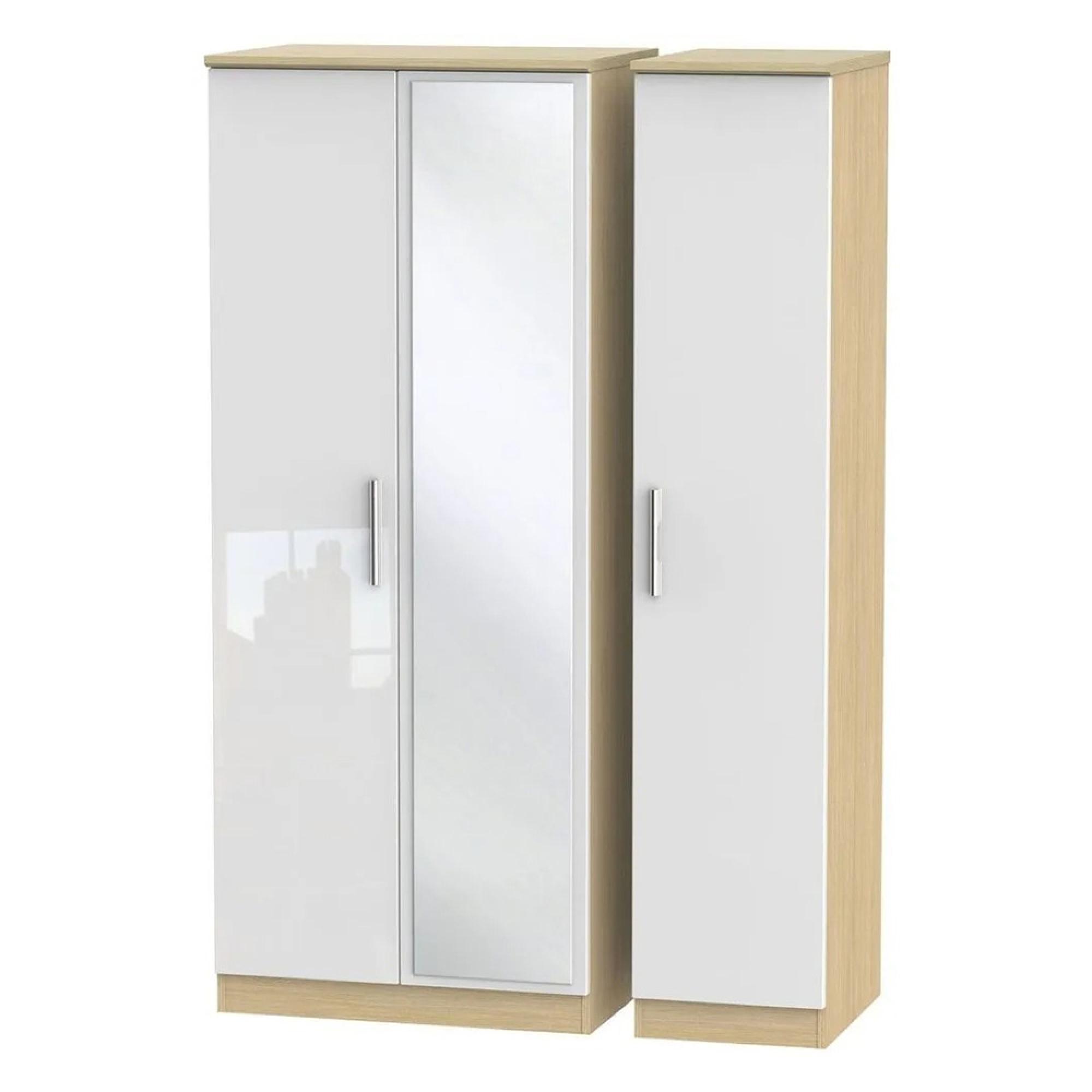 Knightsbridge Wardrobe - 3 Door - 1 Mirror - Triple - White Gloss and Light Oak