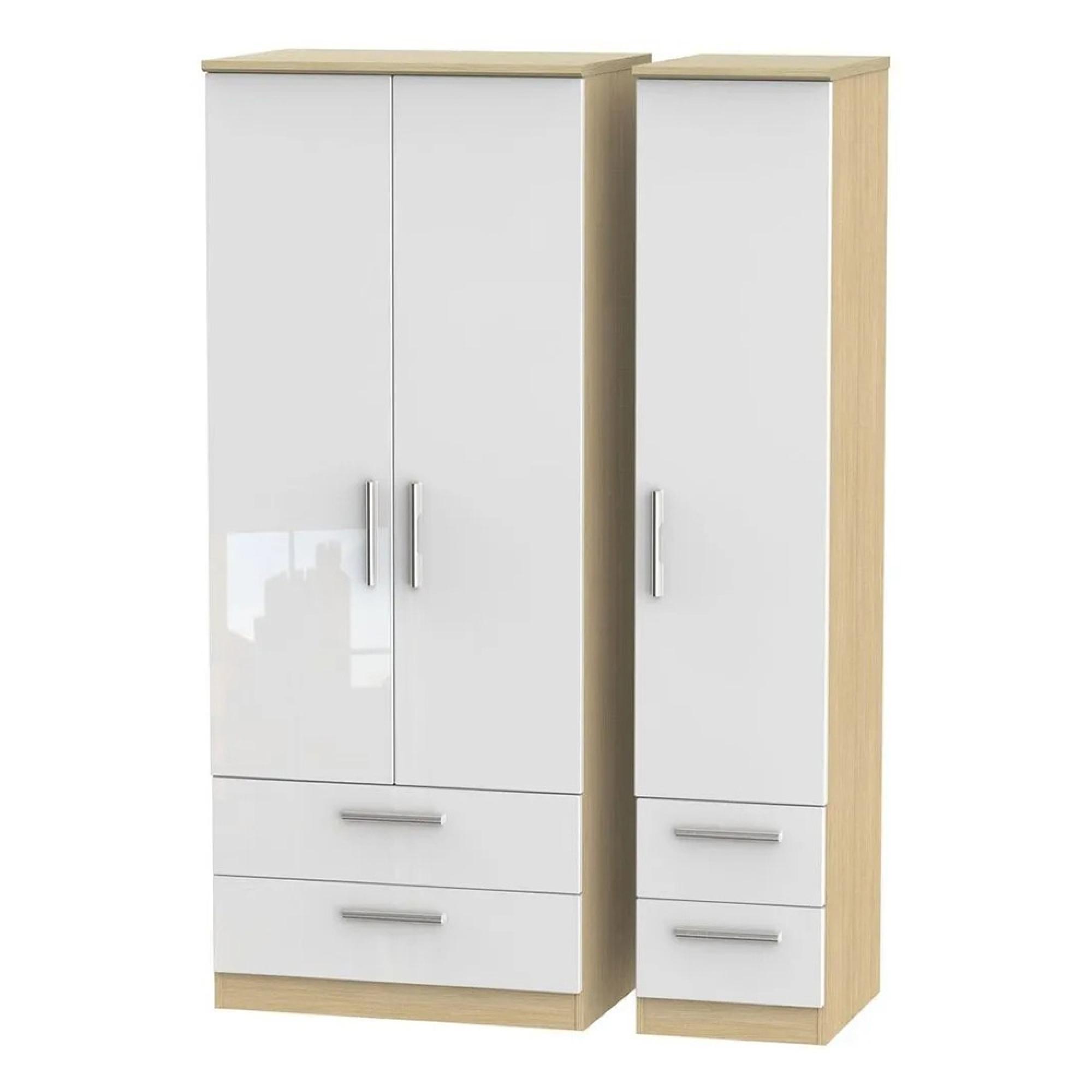Knightsbridge Wardrobe - 3 Door - 4 Drawer - Triple - White Gloss and Light Oak