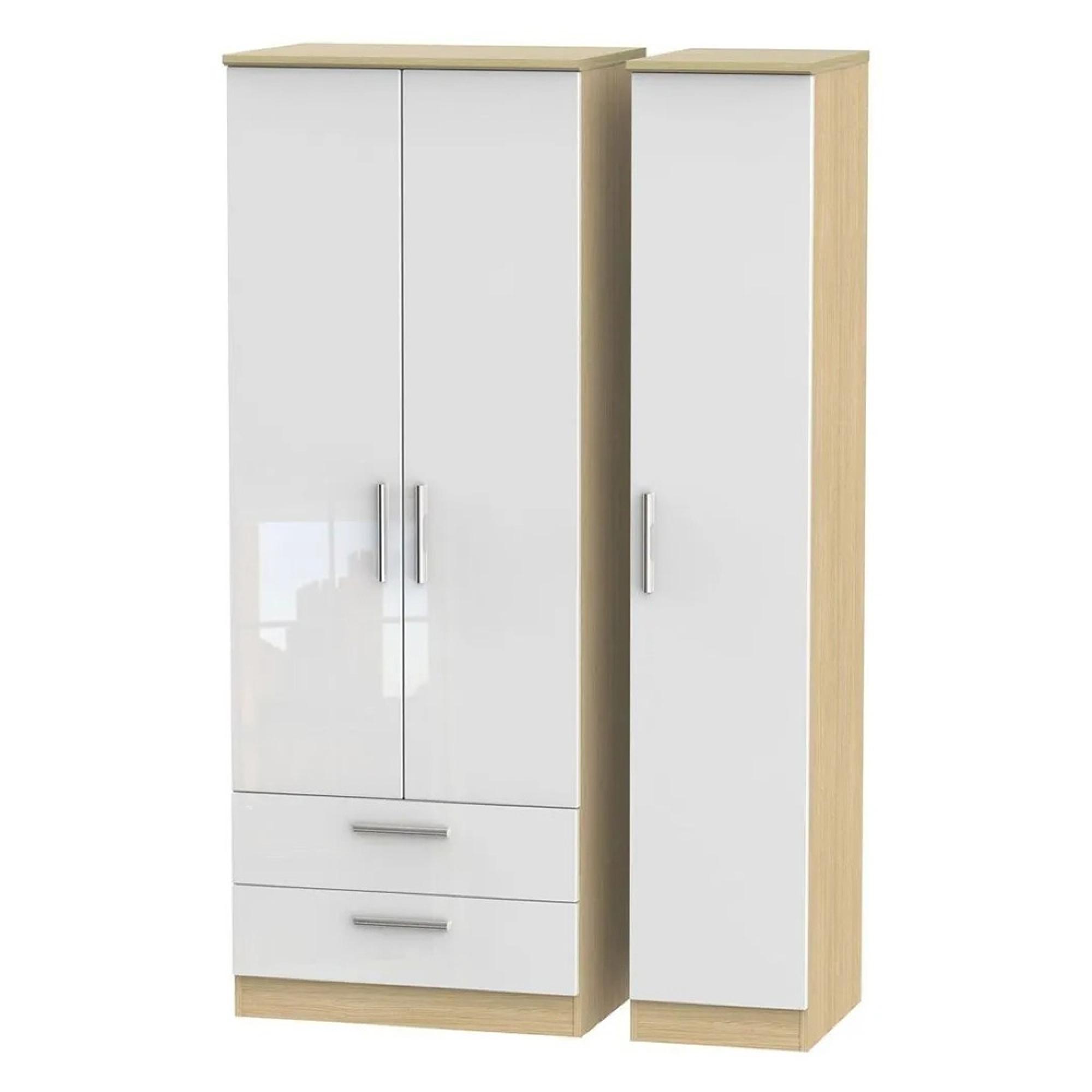 Knightsbridge Wardrobe - 3 Door - LHF 2 Drawer - Triple - White Gloss and Light Oak
