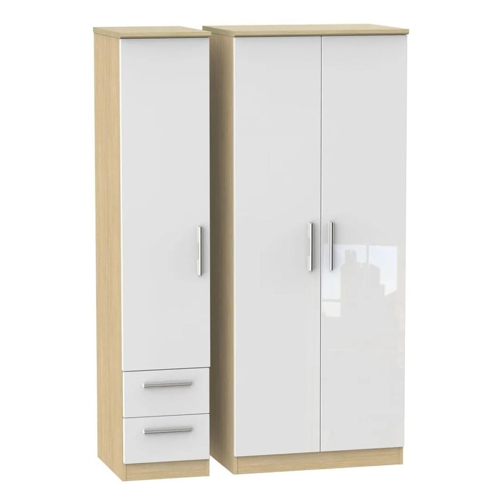 Knightsbridge Wardrobe - 3 Door - RHF 2 Drawer - Triple - White Gloss and Light Oak