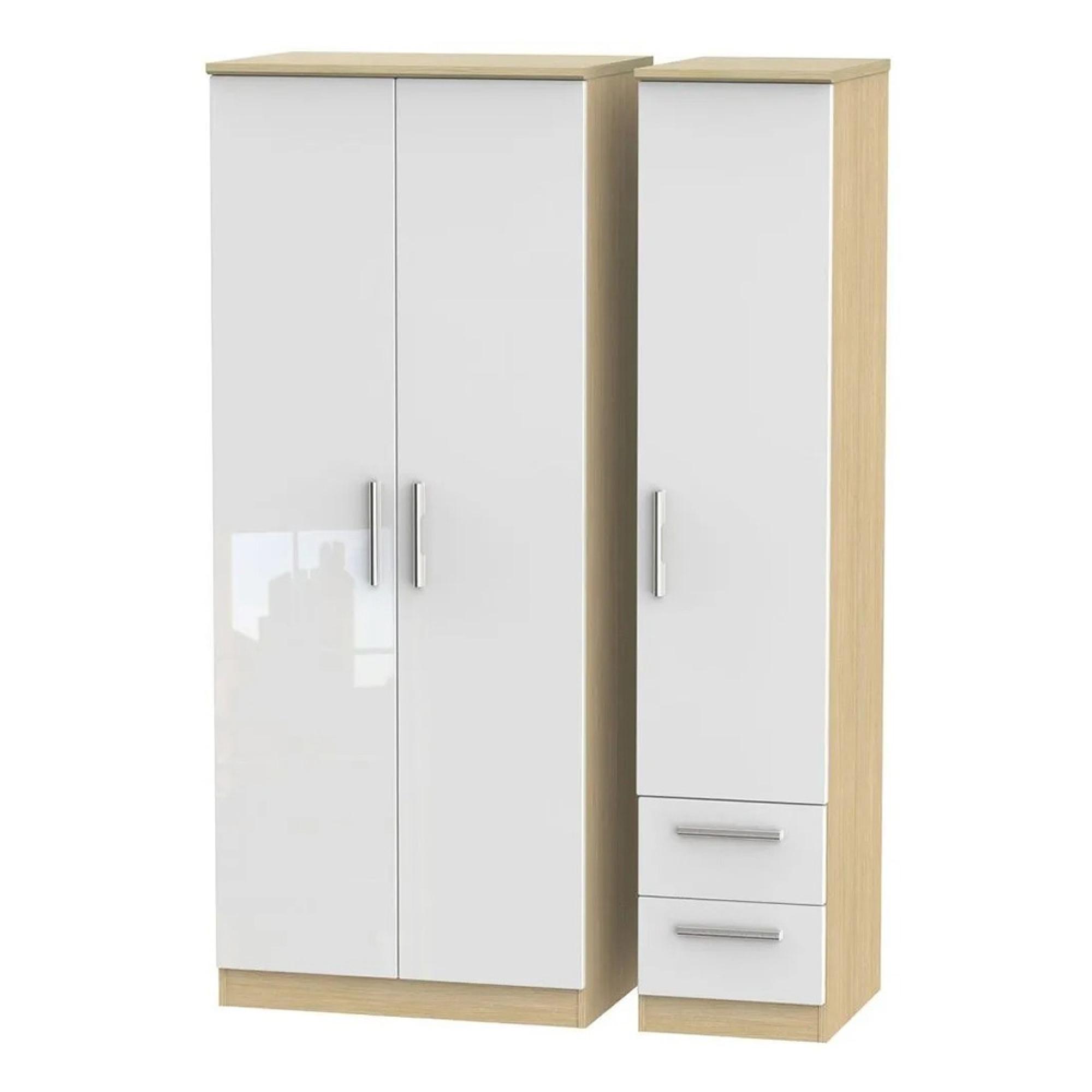 Knightsbridge Wardrobe - 3 Door - RHF 2 Drawer - Triple - White Gloss and Light Oak