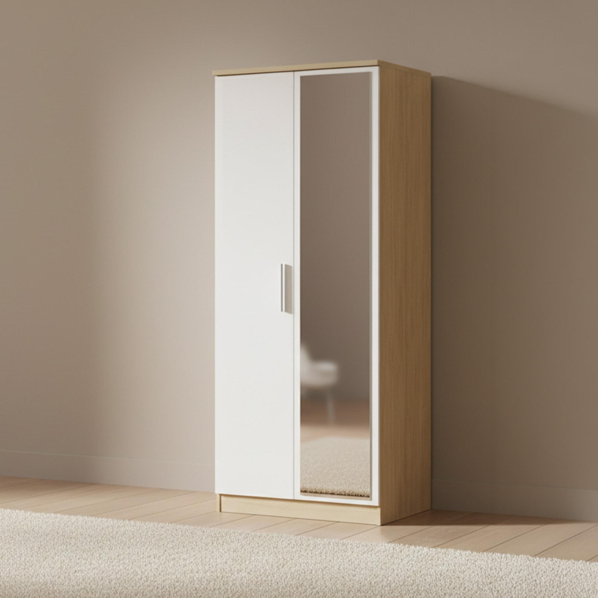Knightsbridge Wardrobe - 2 Door - 1 Mirror - White Gloss and Light Oak
