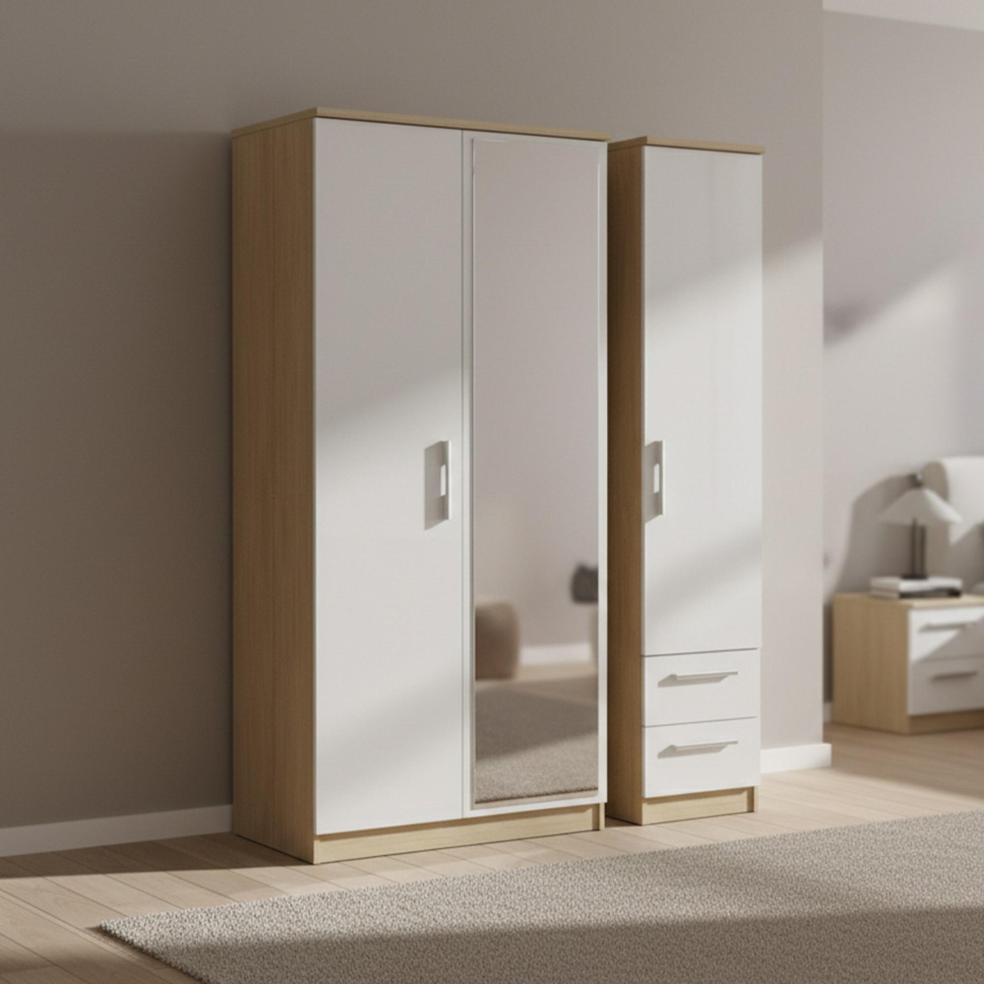 Knightsbridge Wardrobe - 3 Door - 1 Mirror - RHF 2 Drawer - Combi - Tall - White Gloss and Light Oak