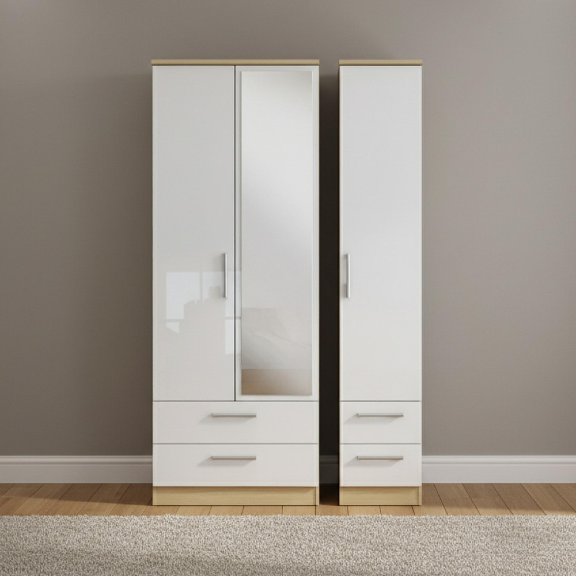 Knightsbridge Wardrobe - 3 Door - 1 Mirror - Combi - Tall - White Gloss and Light Oak