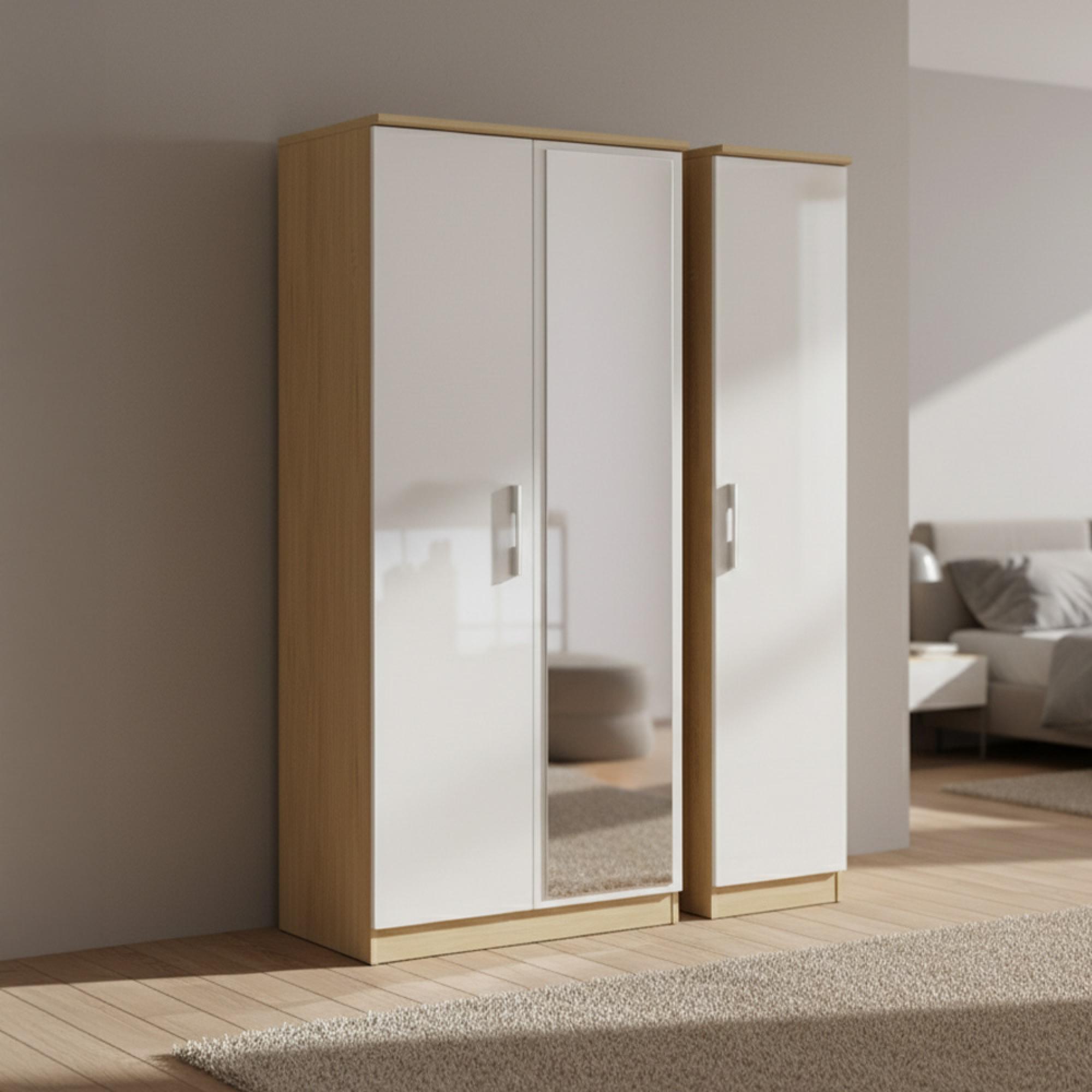 Knightsbridge Wardrobe - 3 Door - 1 Mirror - Triple - White Gloss and Light Oak