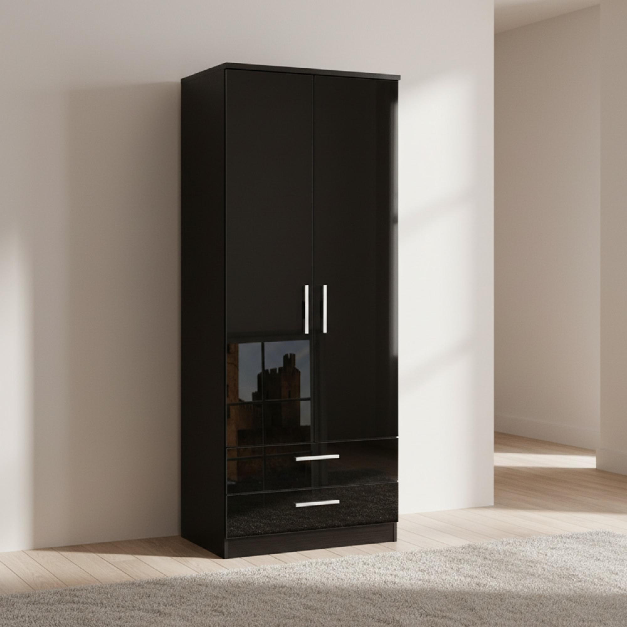 Knightsbridge Tall Wardrobe - 2 Door - 2 Drawer - Black Gloss