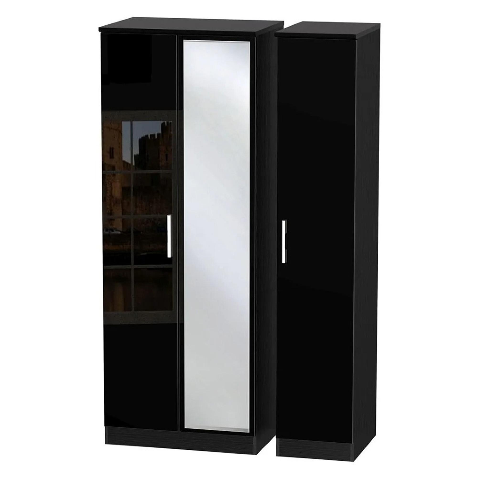 Knightsbridge Tall Triple Wardrobe - 3 Door - 1 Mirror - Black Gloss