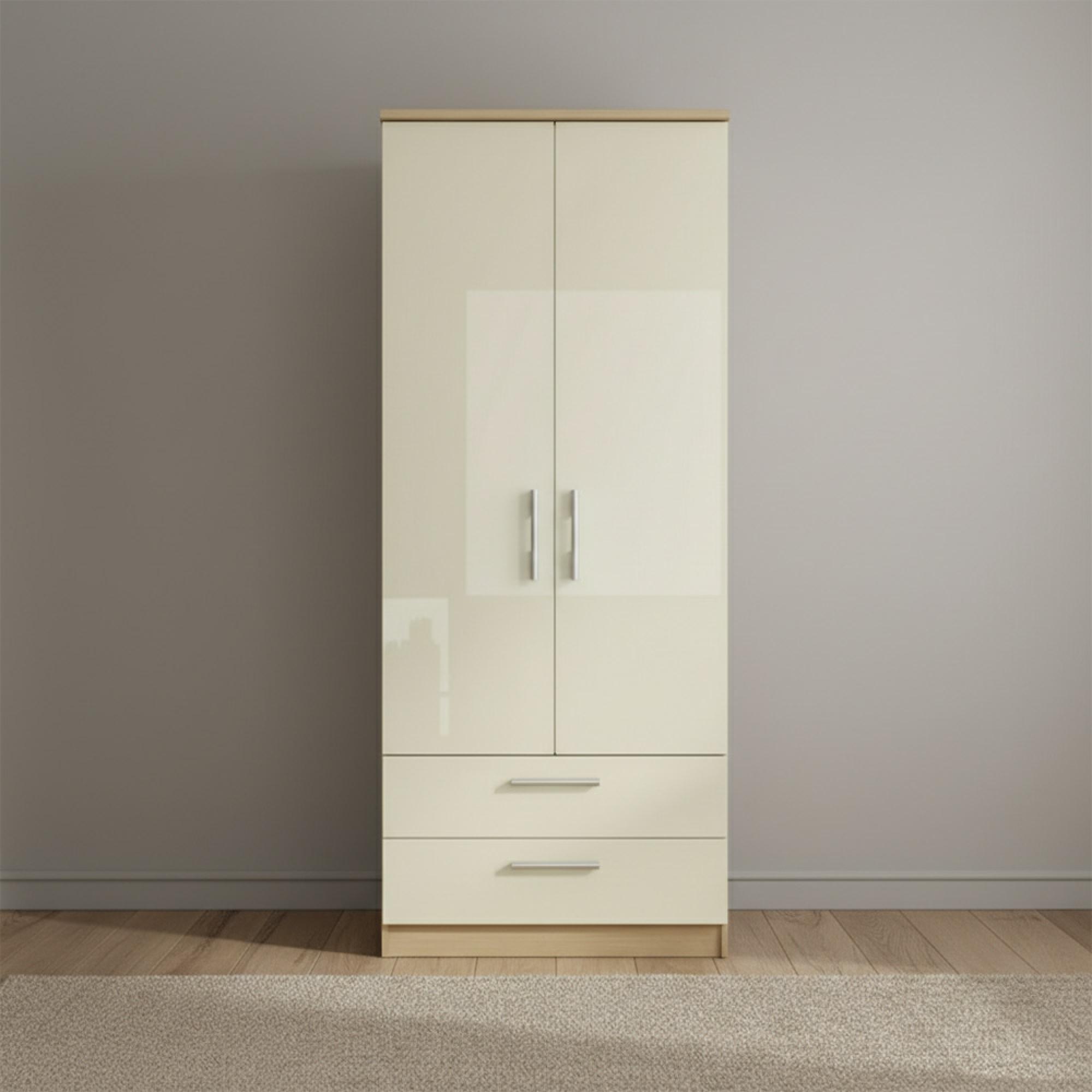 Knightsbridge Double Wardrobe - 2 Door - 2 Drawer - Cream Gloss and Light Oak