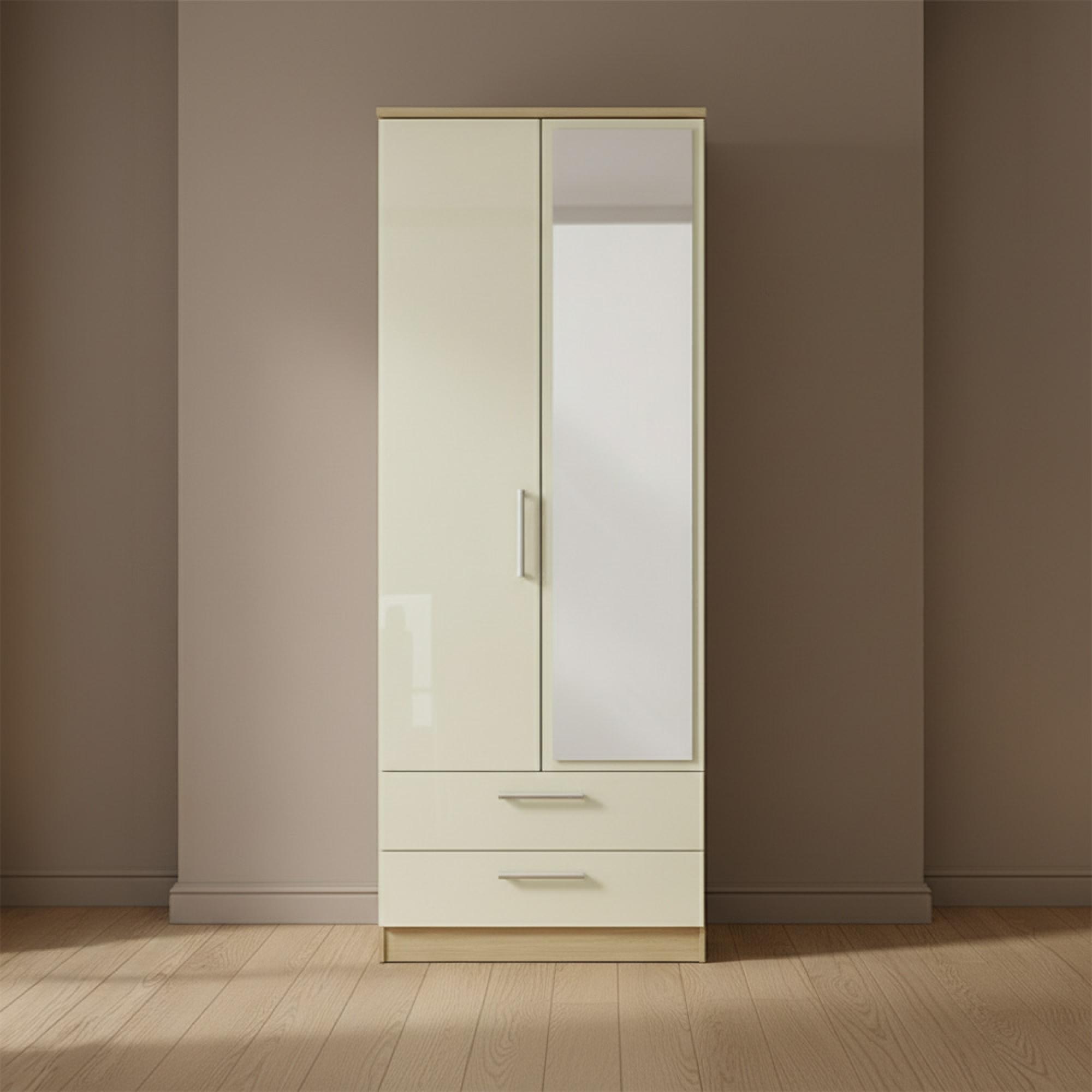 Knightsbridge Tall Combi Wardrobe - 2 Door - 1 Mirror - Cream Gloss and Light Oak