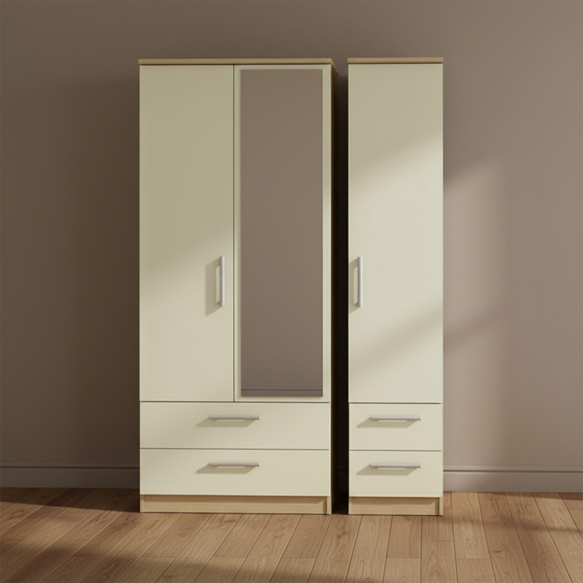 Knightsbridge Wardrobe - 3 Door - 1 Mirror - Combi - Cream Gloss and Light Oak