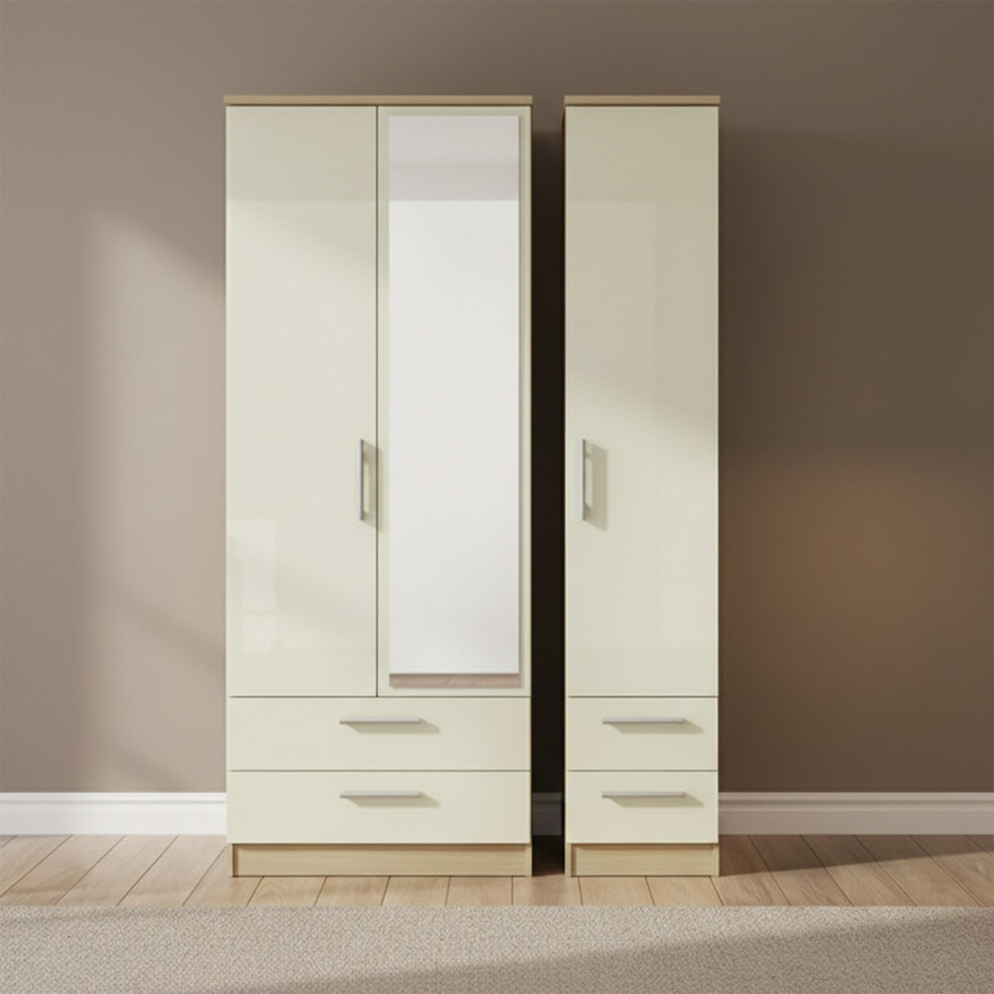 Knightsbridge Wardrobe - 3 Door - 1 Mirror - Tall Combi - Cream Gloss and Light Oak