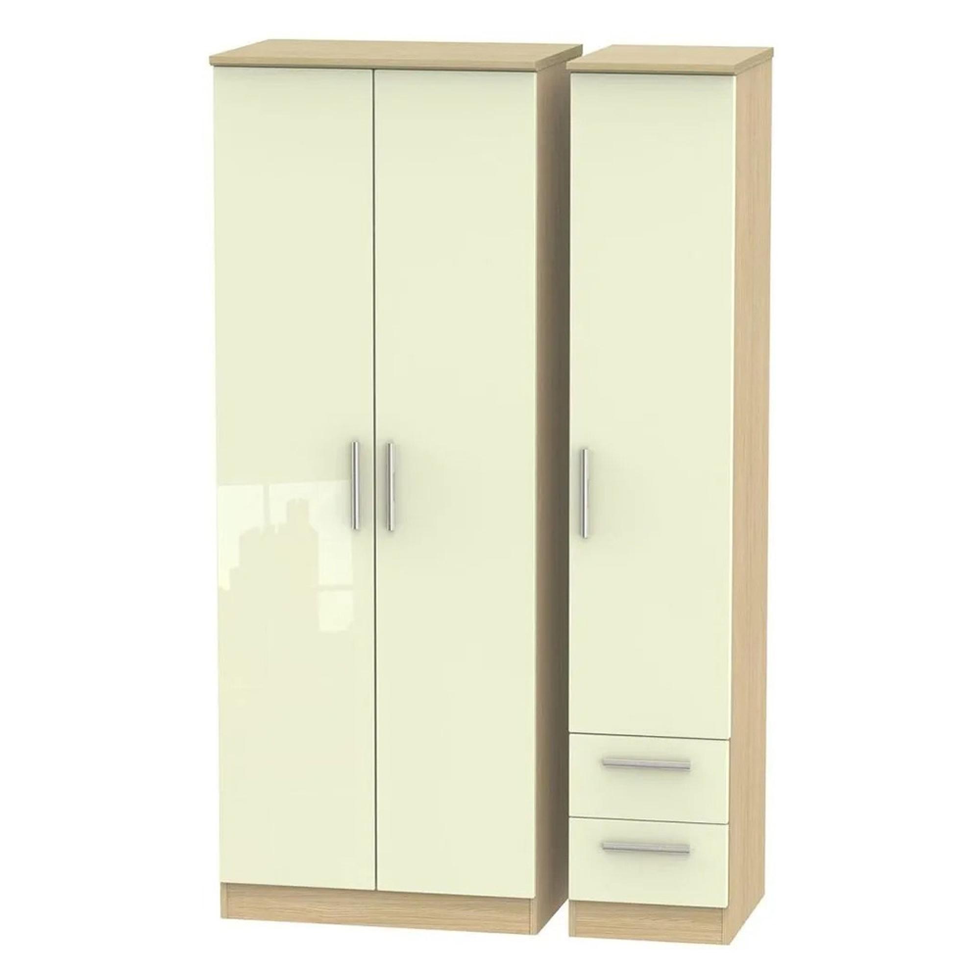 Knightsbridge Wardrobe - 3 Door - RHF 2 Drawers - Tall Triple - Cream Gloss and Light Oak