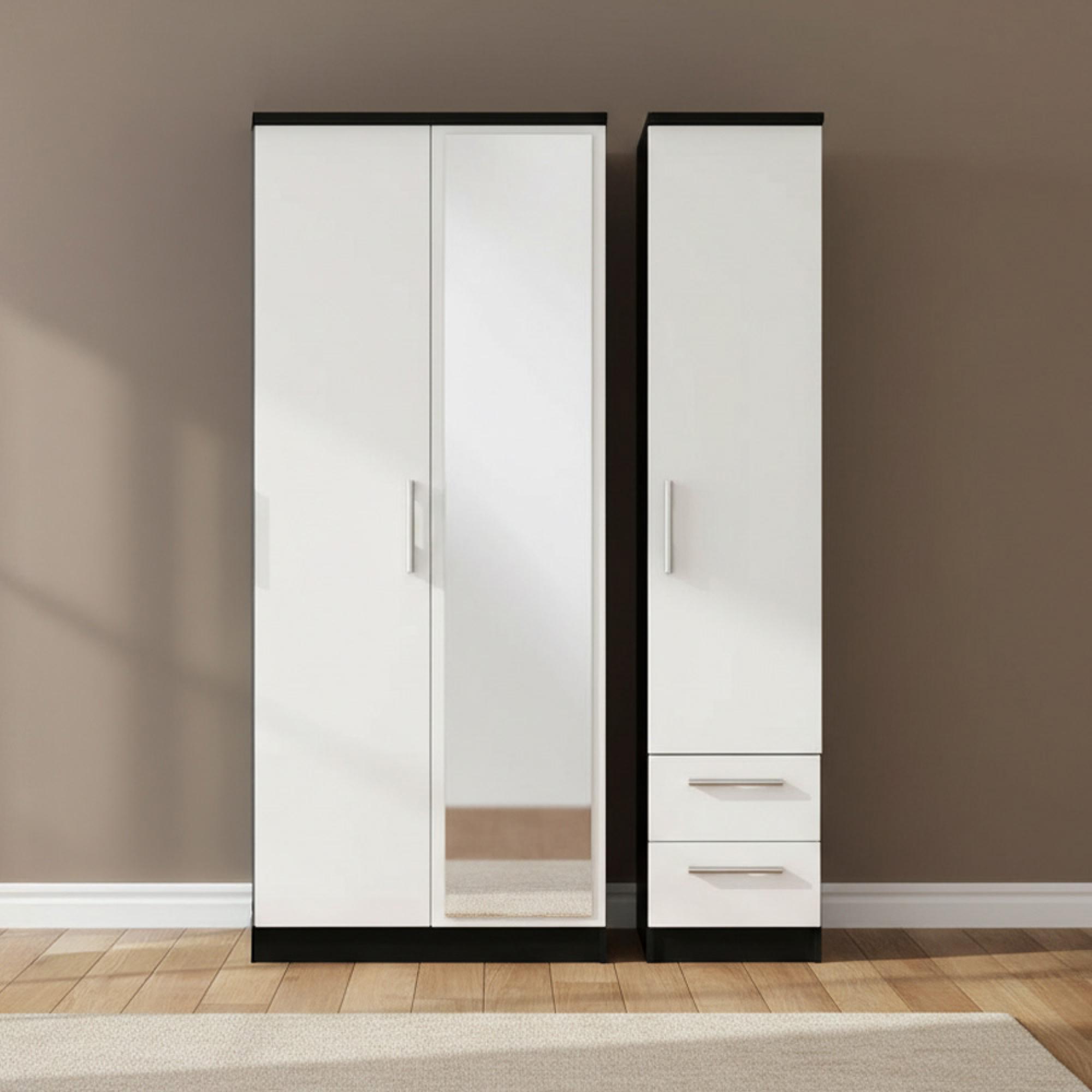 Knightsbridge Wardrobe - 3 Door - 1 Mirror - RHF 2 Drawer - Combi - White Gloss and Black